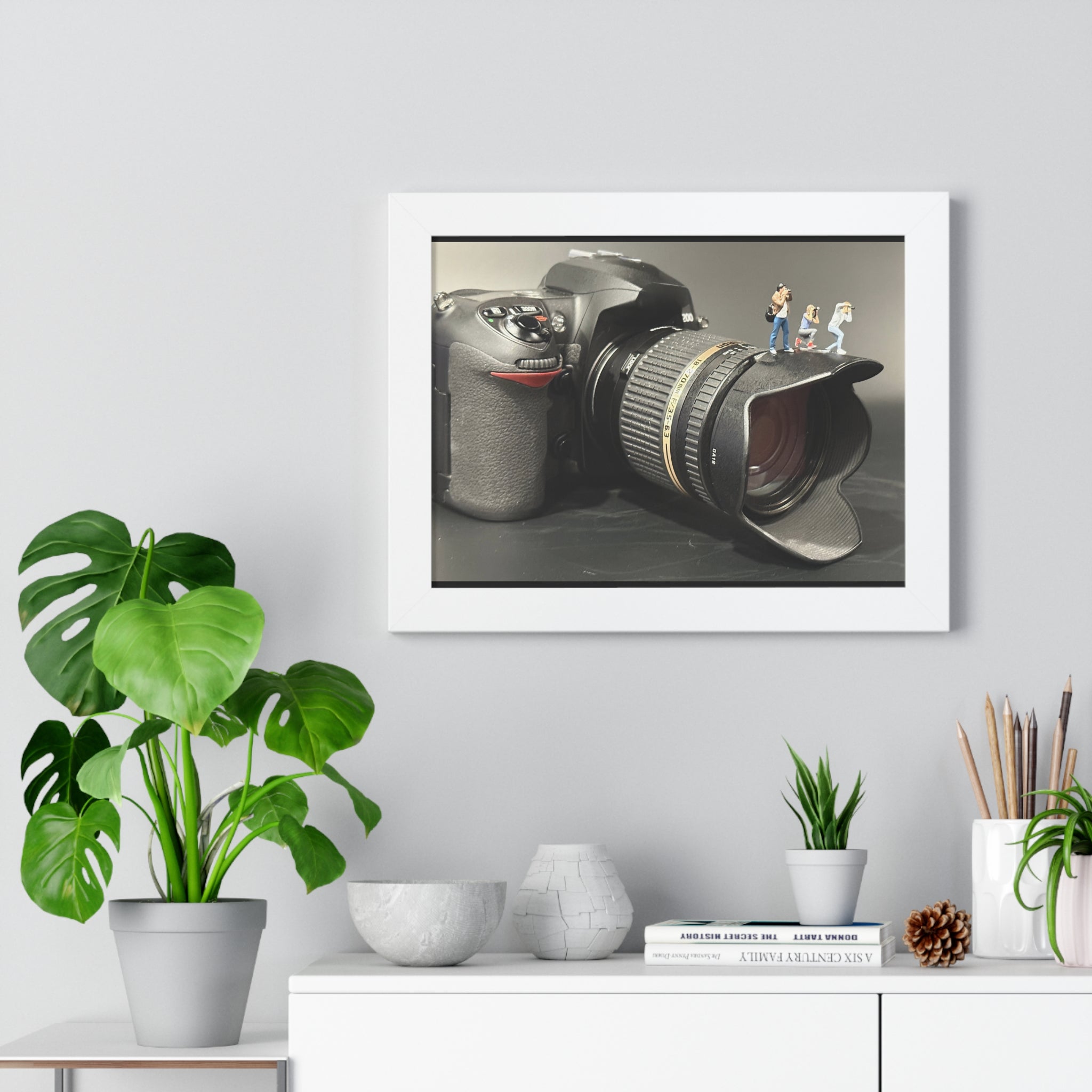 Framed Photo Art — Camera with Miniature Figures (Horizontal Poster)