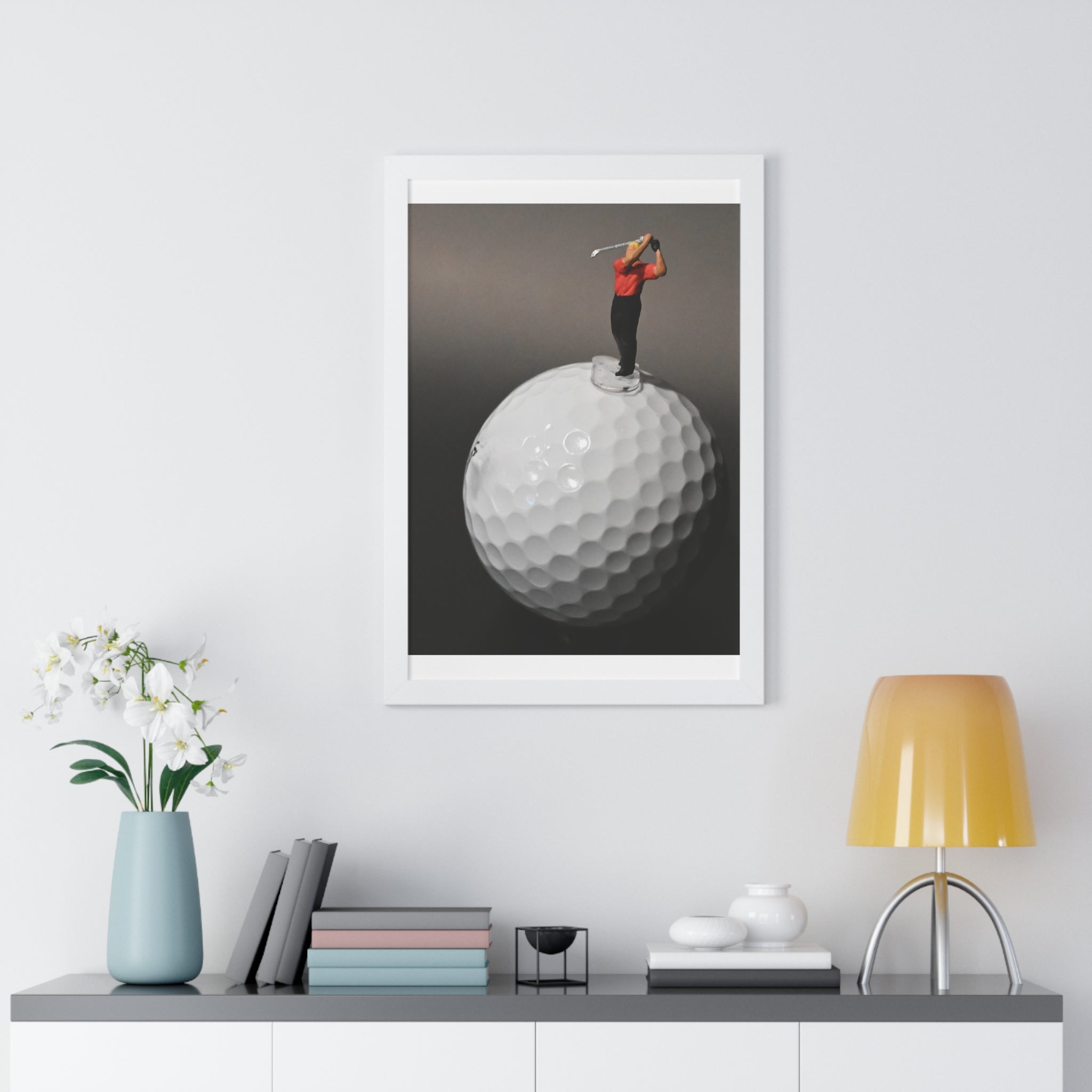 Golf Swing Framed Poster — Miniature Golfer on Giant Golf Ball (Vertical)