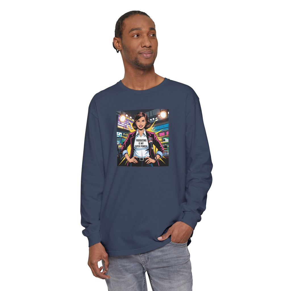 Producing is my super power! Long Sleeve T‑Shirt — Retro Comic Book Girl Graphic (Original Art)