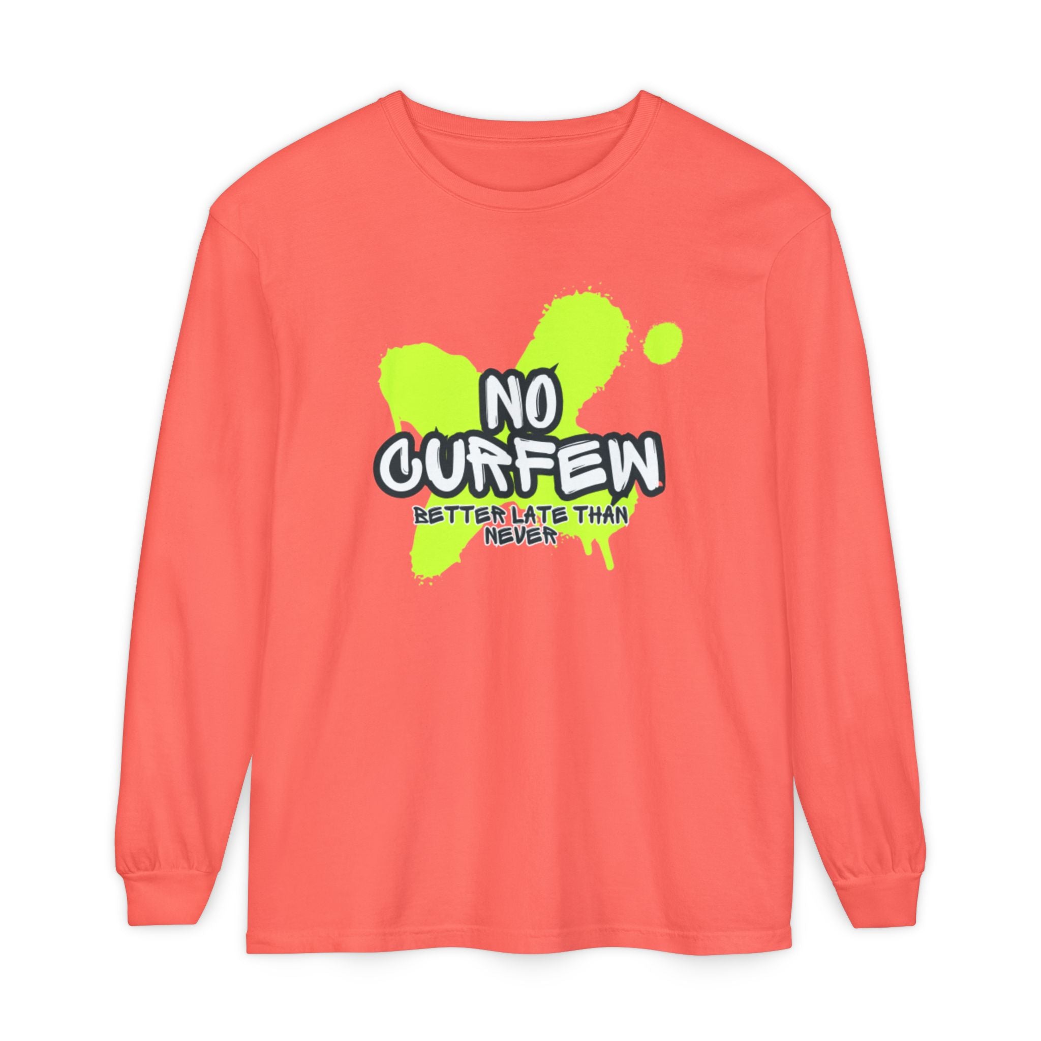 Unisex Long Sleeve Graphic Tee - Fun 'No Curfew' Design for Casual Wear, Gifts, Parties, Festivals, Youth Style