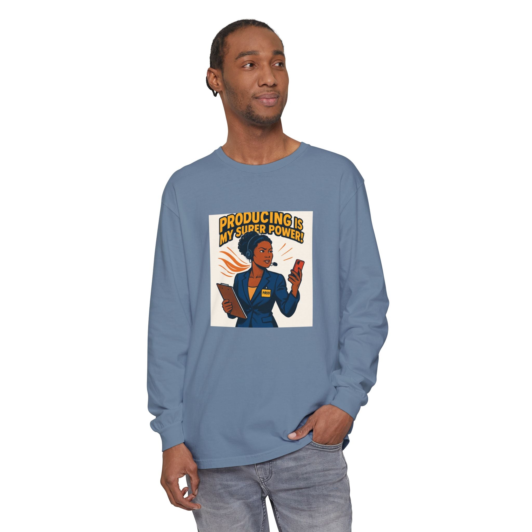 News Producer Power Long Sleeve Tee — "Producing Is My Superpower" Graphic