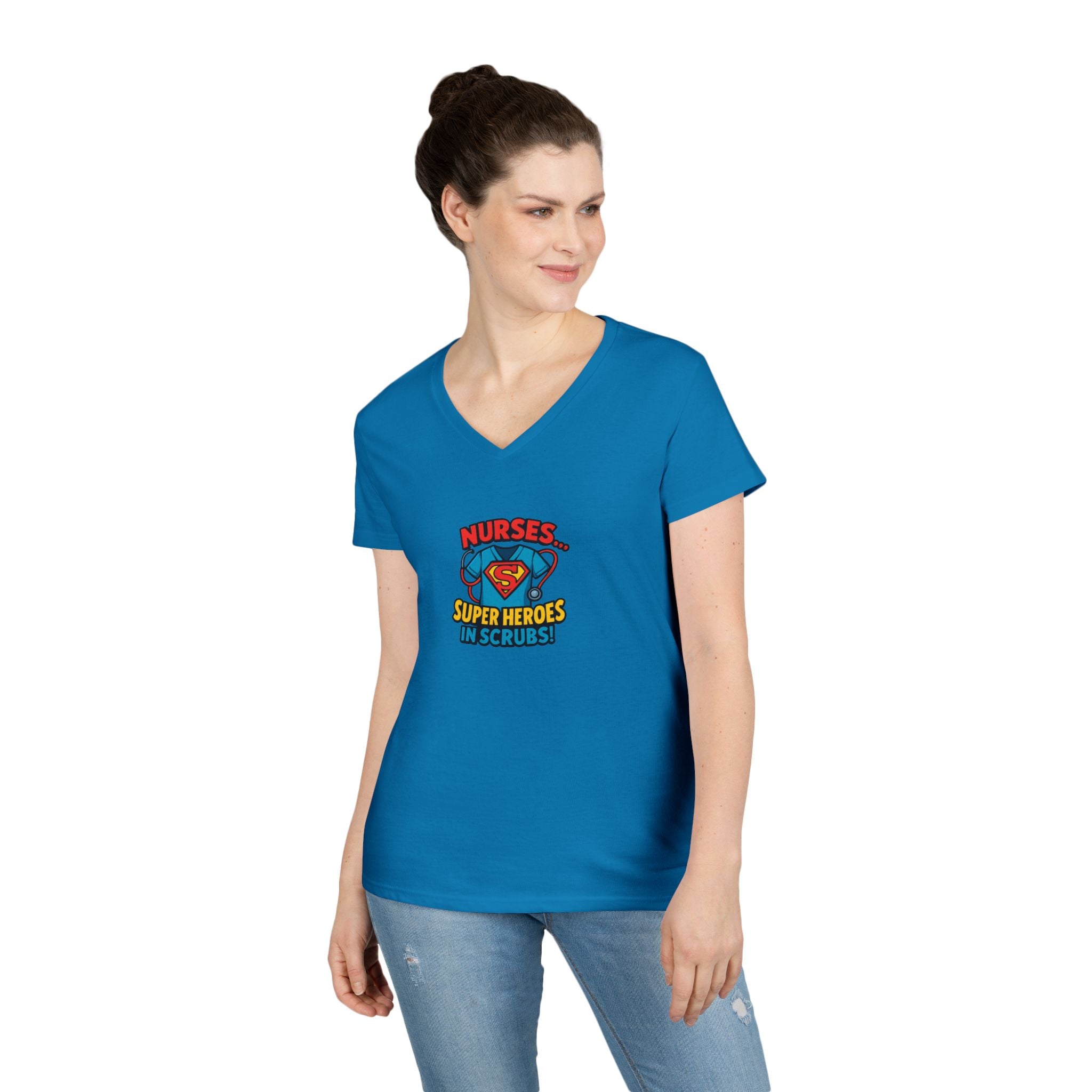 Nurse Superhero V‑Neck Tee — "Nurses Super Heroes in Scrubs"