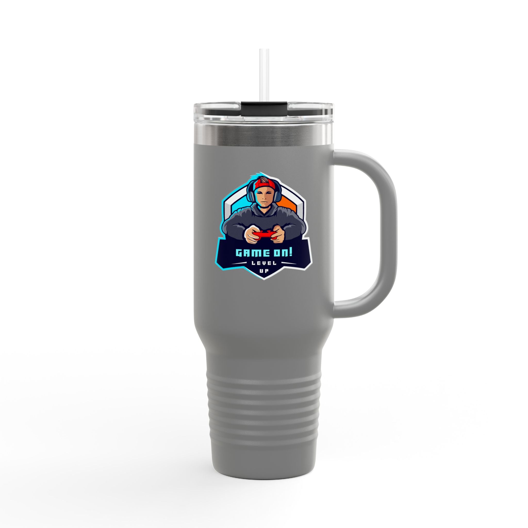 40oz Insulated Travel Mug — Gamer "Game On" Graphic, Thermal Tumbler for Gamers & Streamers