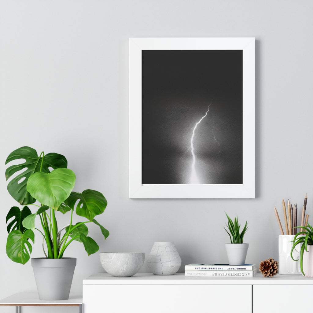 Lightning Strike Framed Poster — Moody Black & White Vertical Wall Art