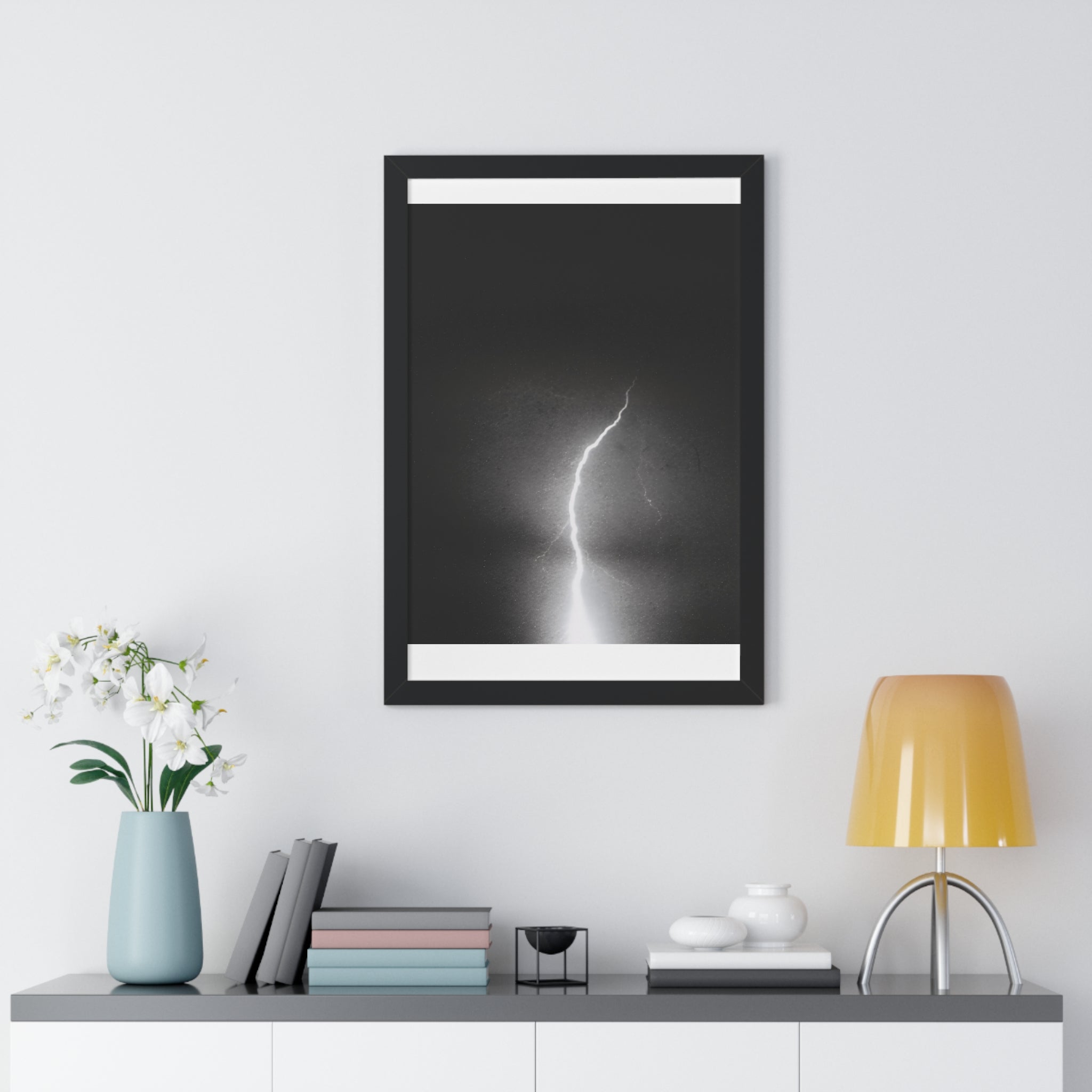 Lightning Strike Framed Poster — Moody Black & White Vertical Wall Art
