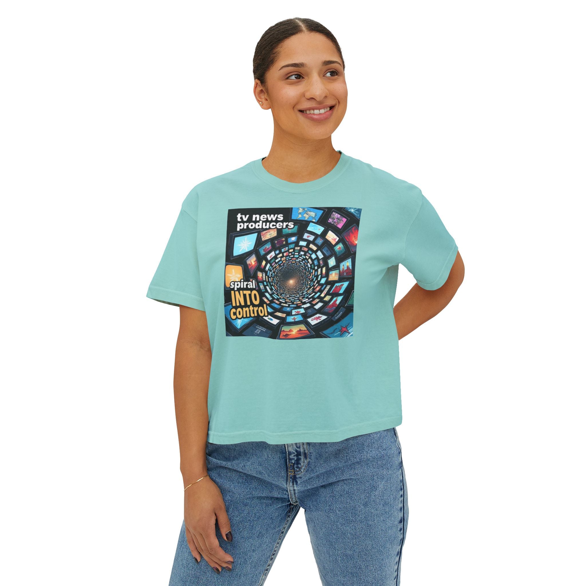 "TV News Producers Spiral INTO Control"... Women's Boxy Tee, Trendy Graphic Shirt, Casual Wear, Gift for TV Lovers, Summer Top, Artsy Tee