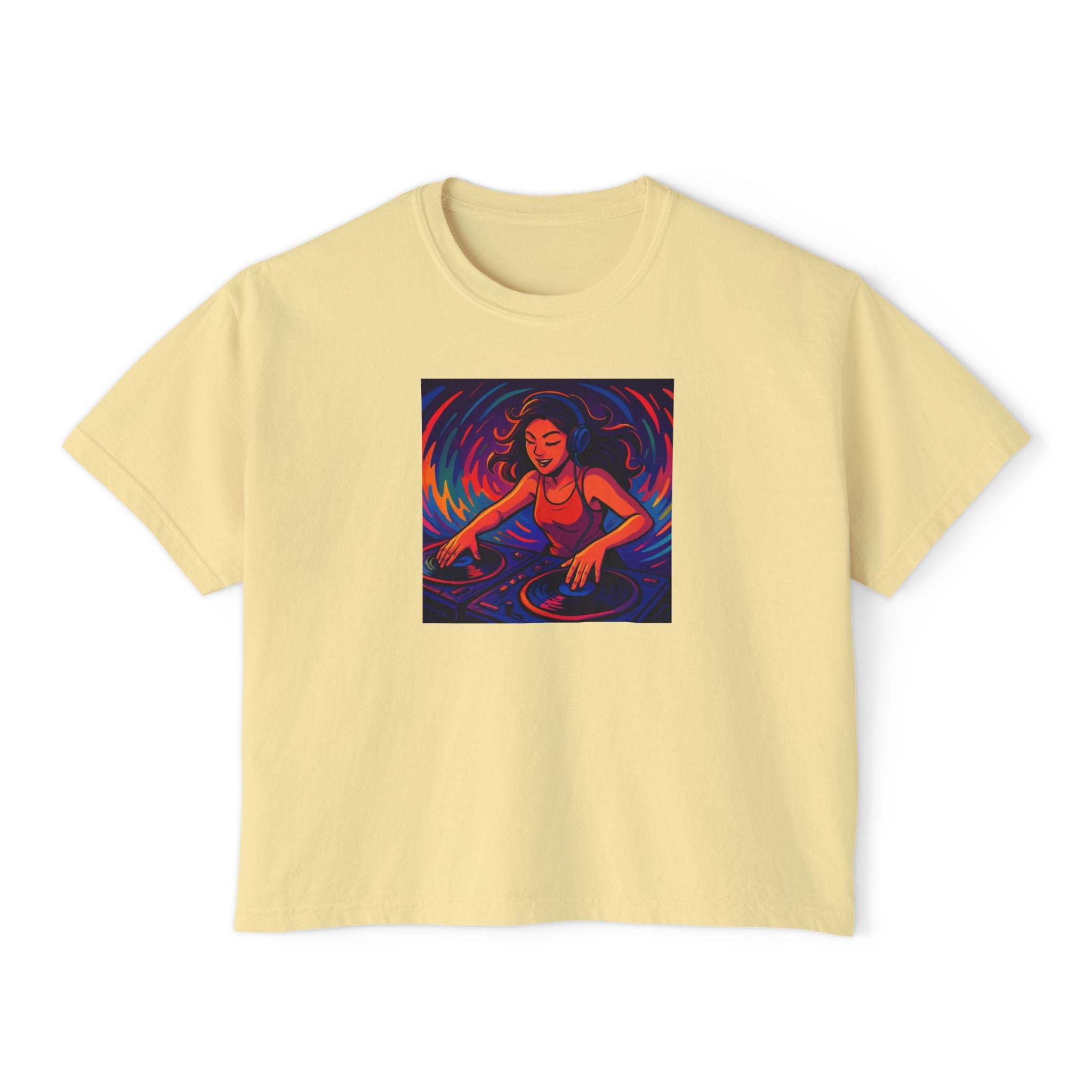 Vibrant Female DJ Painting Graphic Tee | Original Art Back Print
