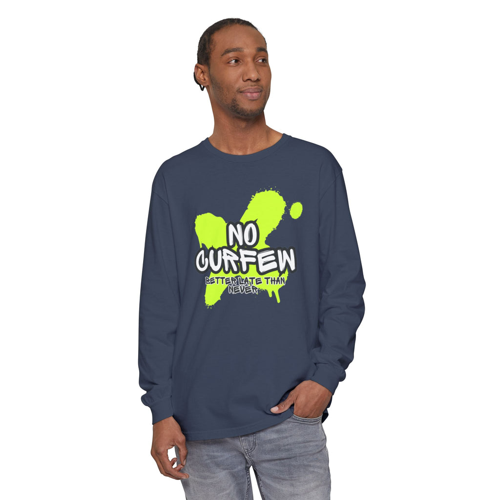 Unisex Long Sleeve Graphic Tee - Fun 'No Curfew' Design for Casual Wear, Gifts, Parties, Festivals, Youth Style
