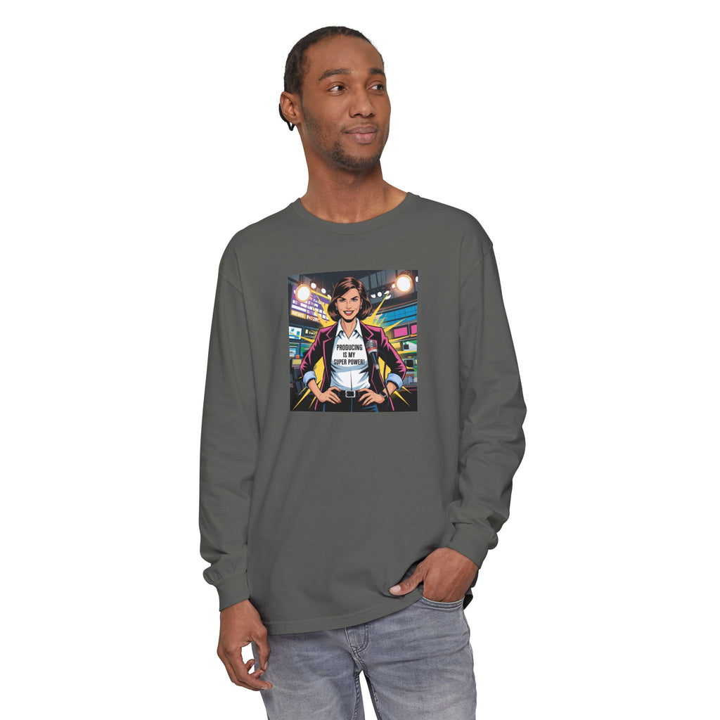 Producing is my super power! Long Sleeve T‑Shirt — Retro Comic Book Girl Graphic (Original Art)