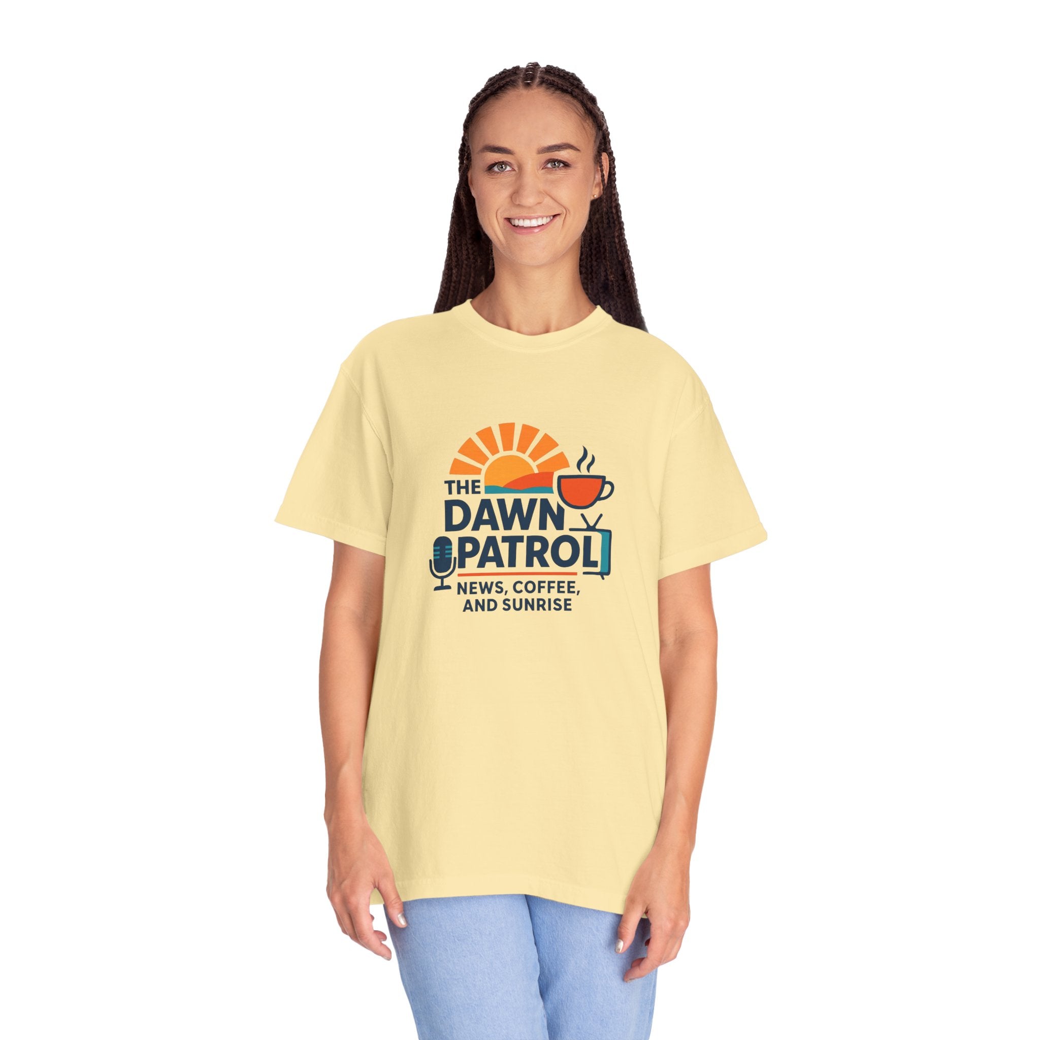 Dawn Patrol T-Shirt — "News, Coffee, and Sunrise" Morning Radio Tee