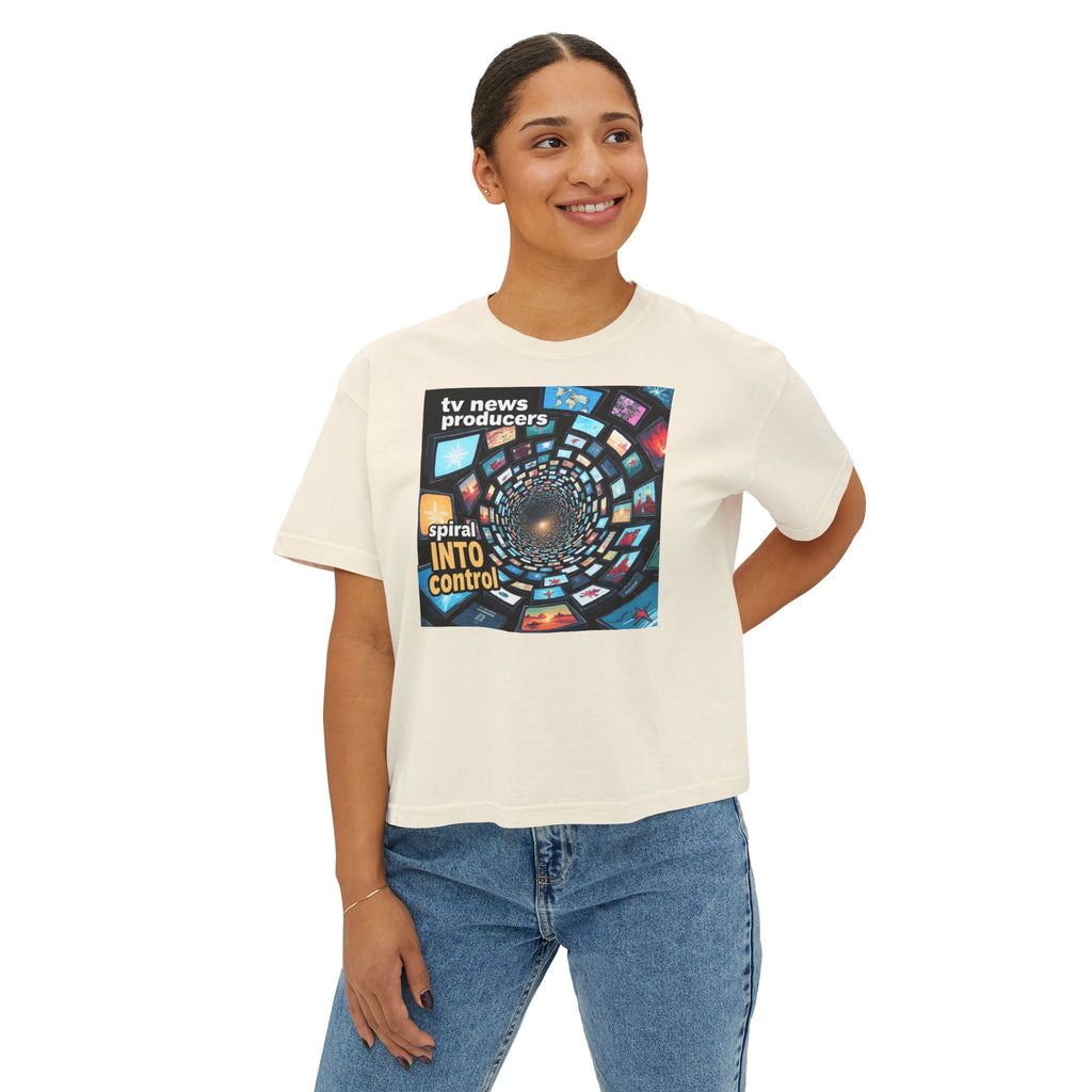 "TV News Producers Spiral INTO Control"... Women's Boxy Tee, Trendy Graphic Shirt, Casual Wear, Gift for TV Lovers, Summer Top, Artsy Tee