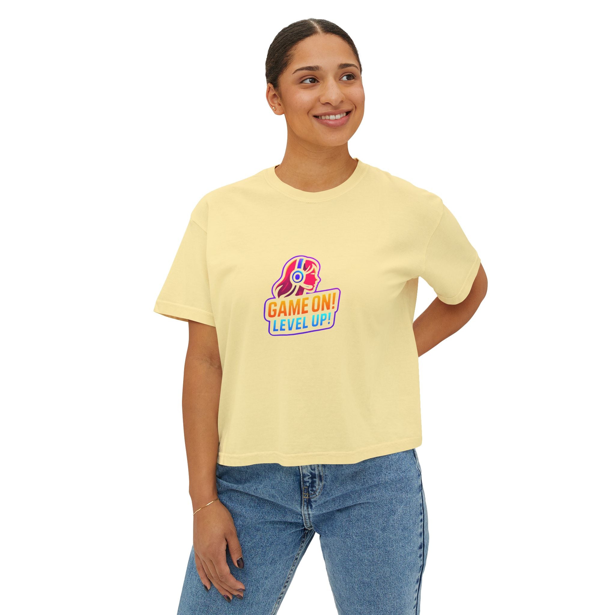Game On! Level Up Women's Boxy Gaming Graphic Shirt