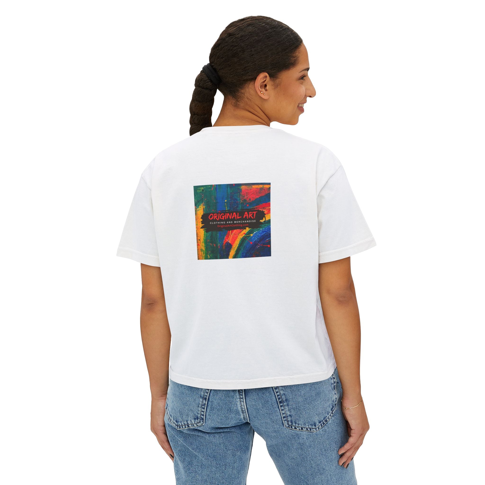 "TV News Producers Spiral INTO Control"... Women's Boxy Tee, Trendy Graphic Shirt, Casual Wear, Gift for TV Lovers, Summer Top, Artsy Tee