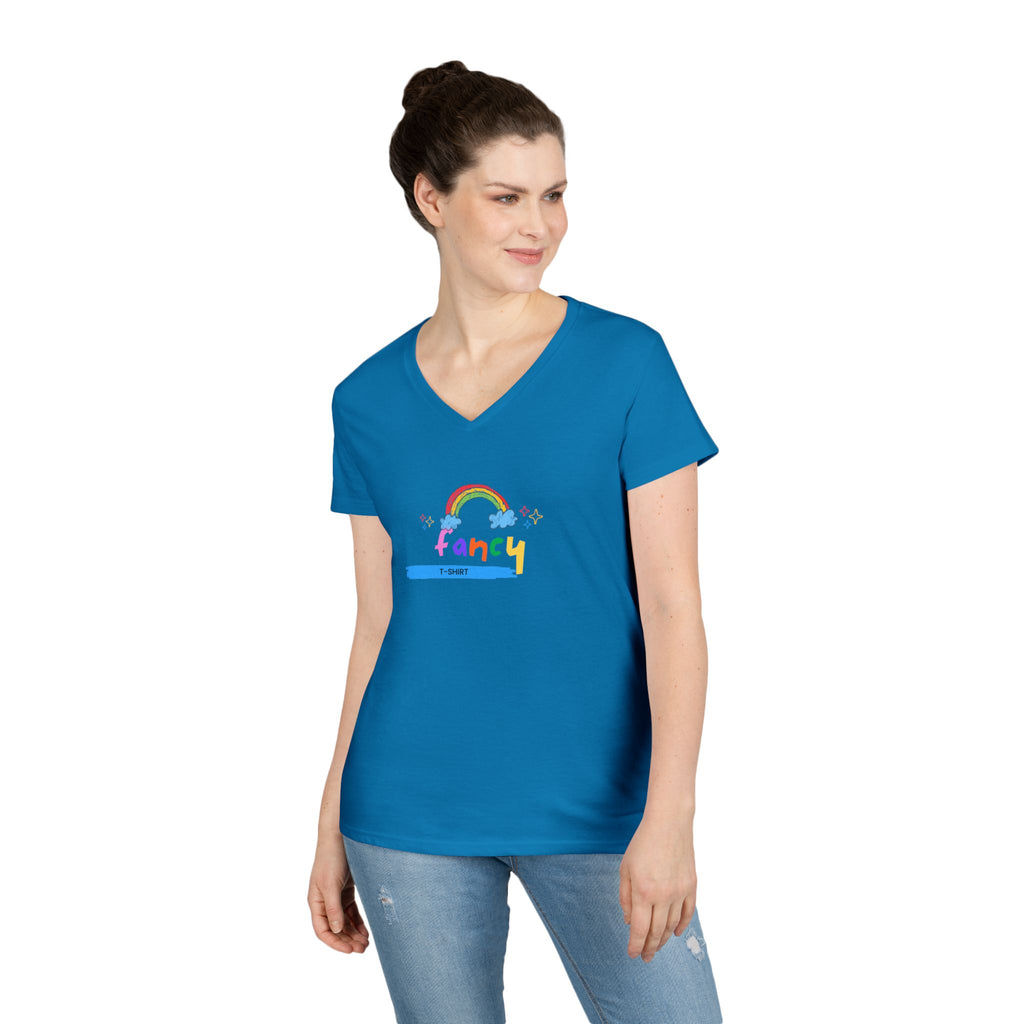 "Fancy" V-Neck Tee — 'Fancy' Cute Rainbow Graphic