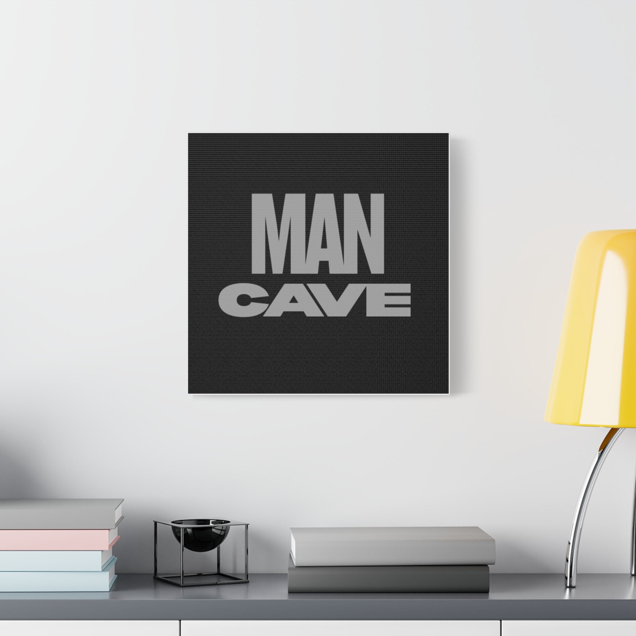 Man Cave Canvas Wall Art — Bold Grey Text on Black