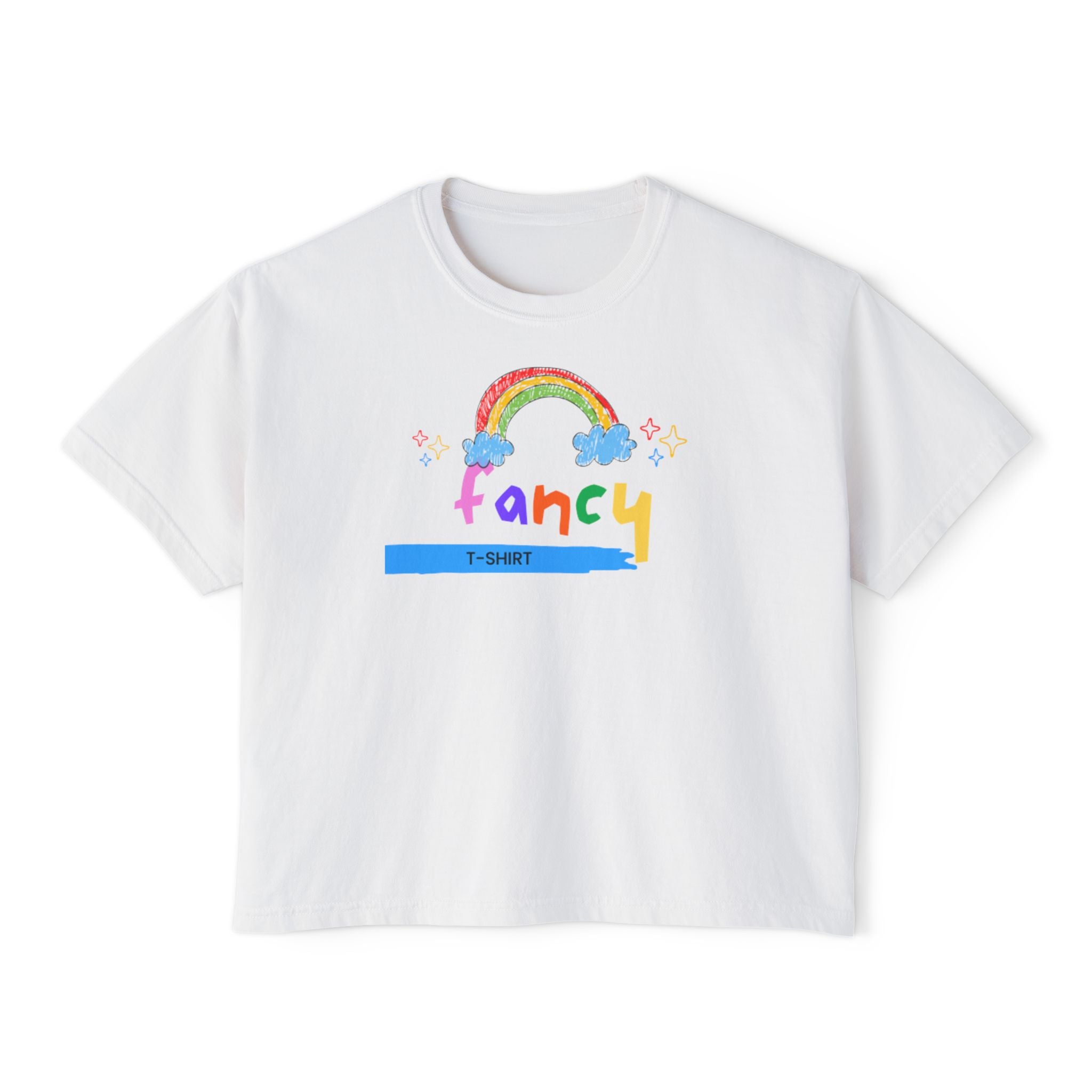 Fancy Rainbow Boxy Tee — Colorful 'Fancy' Graphic Women's Shirt