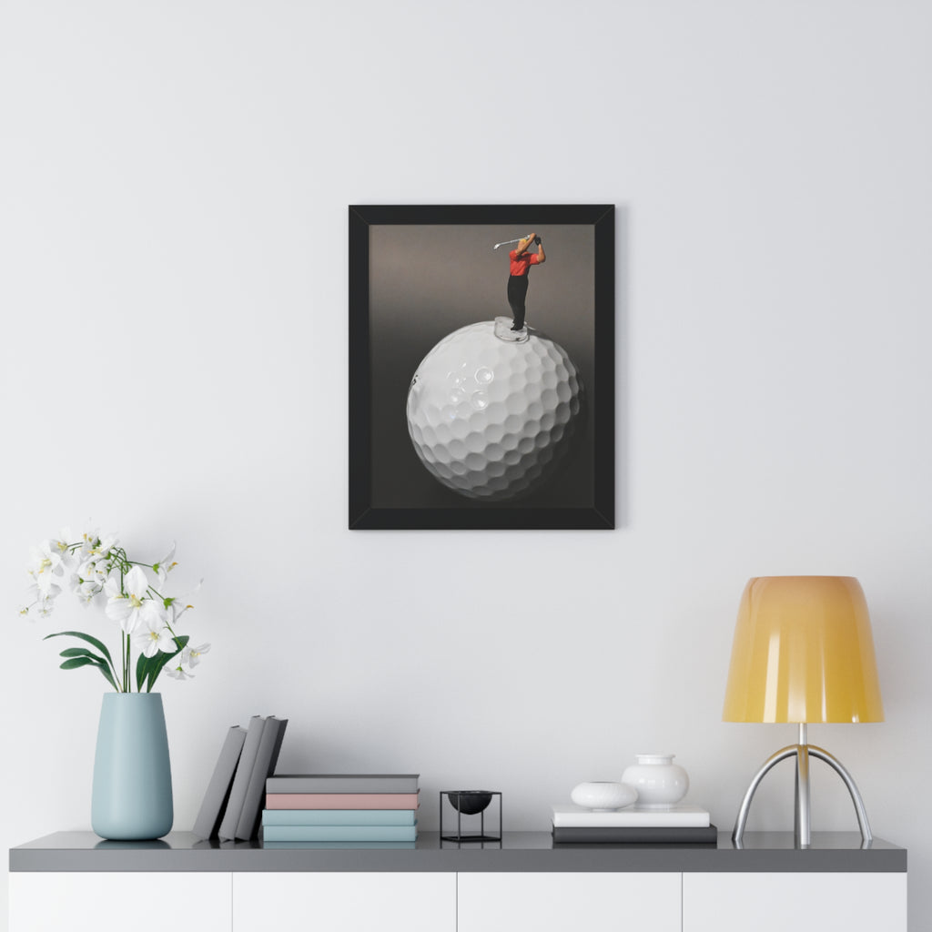 Golf Swing Framed Poster — Miniature Golfer on Giant Golf Ball (Vertical)