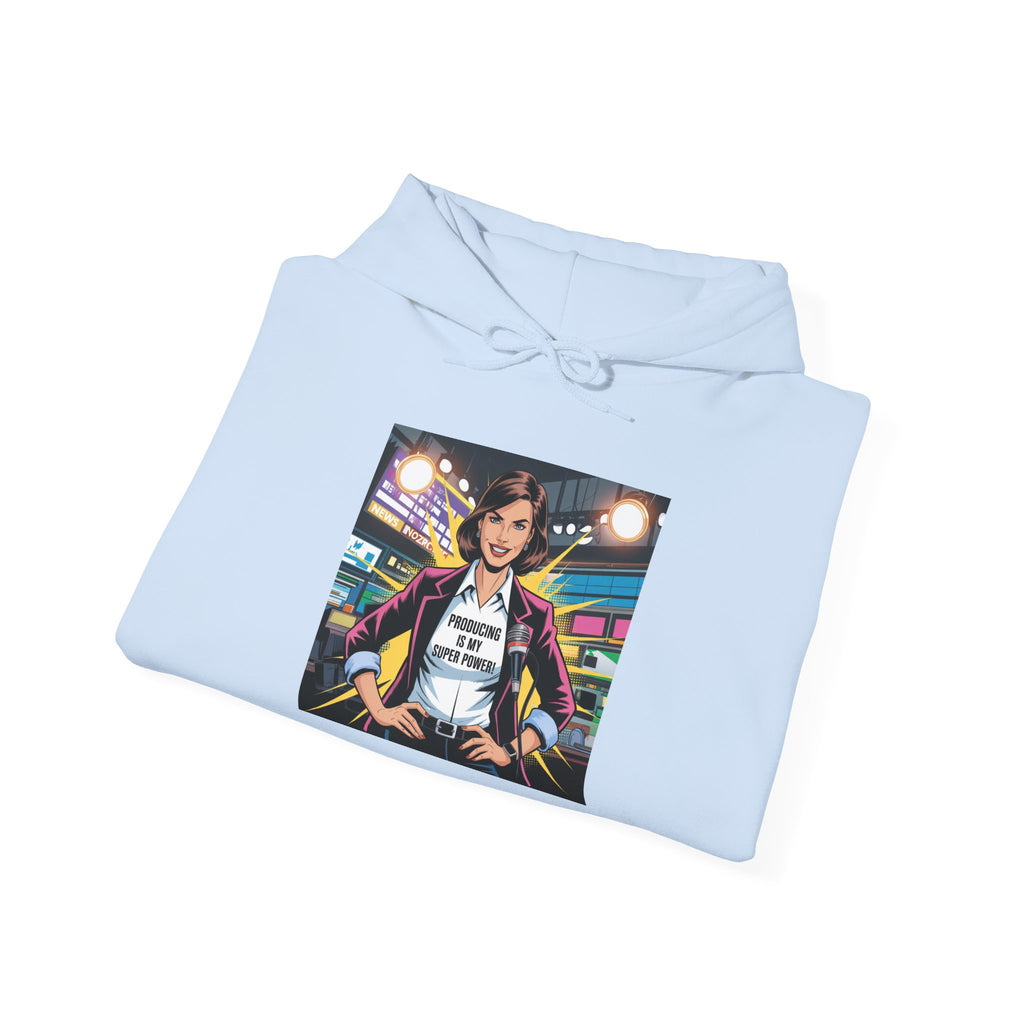 "Producing is My Super Power!" Retro Arcade Girl Graphic Hoodie — "Original Art" Back Print