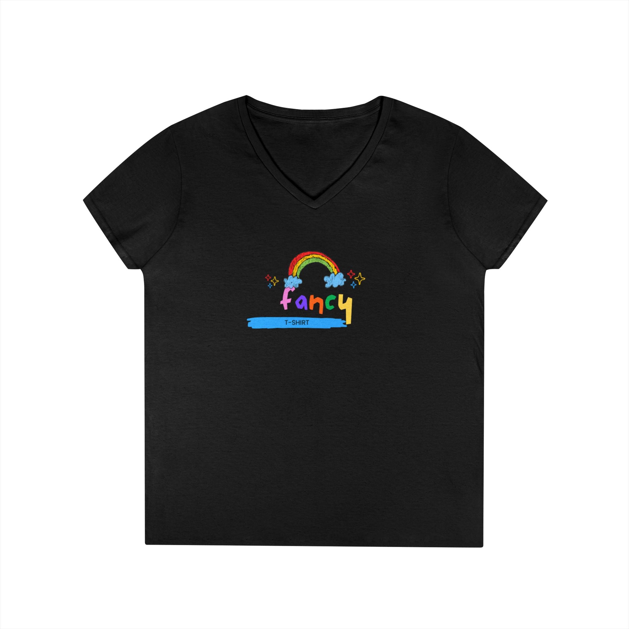 "Fancy" V-Neck Tee — 'Fancy' Cute Rainbow Graphic
