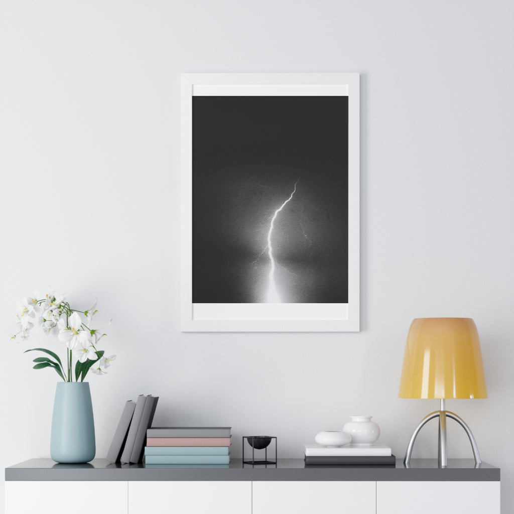 Lightning Strike Framed Poster — Moody Black & White Vertical Wall Art