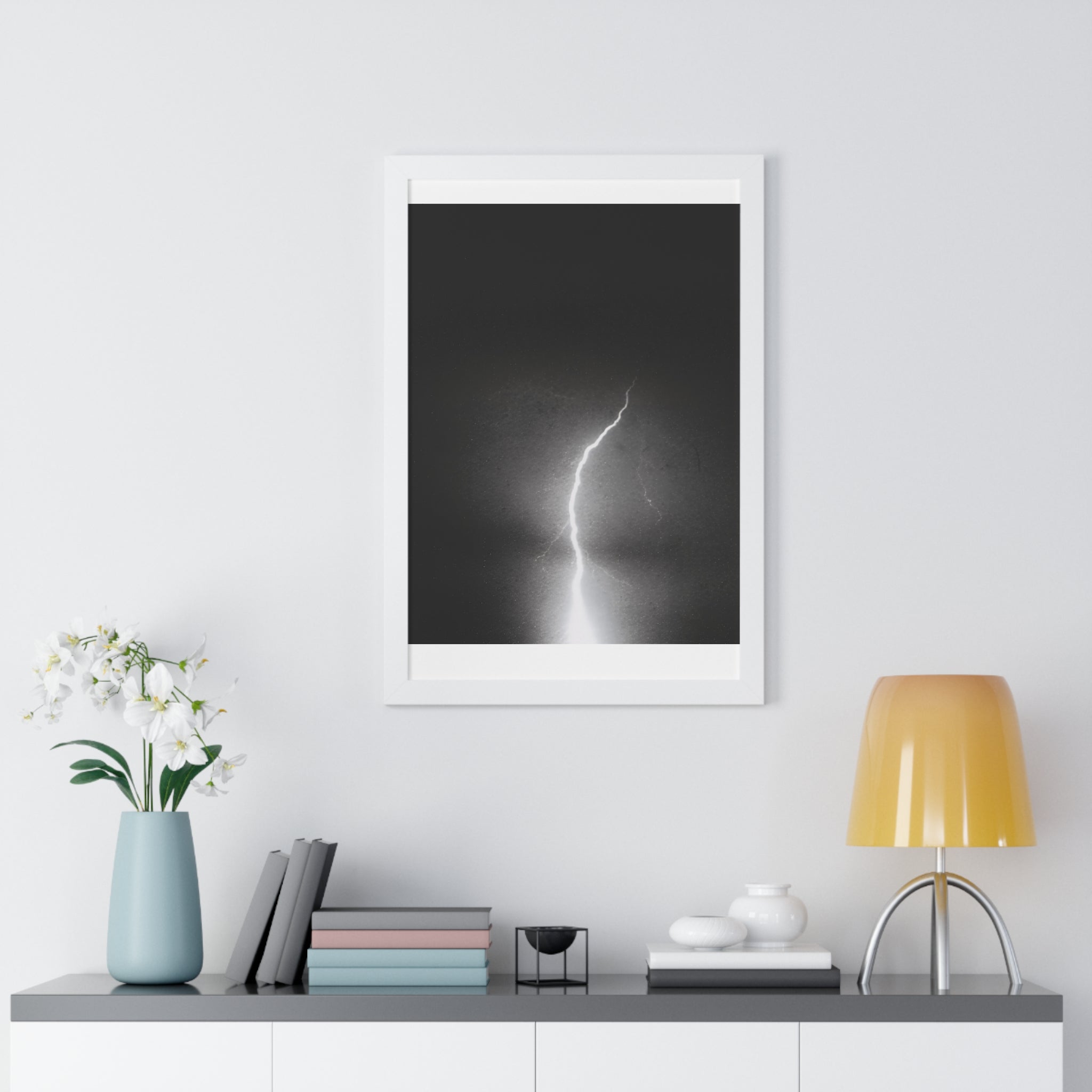 Lightning Strike Framed Poster — Moody Black & White Vertical Wall Art