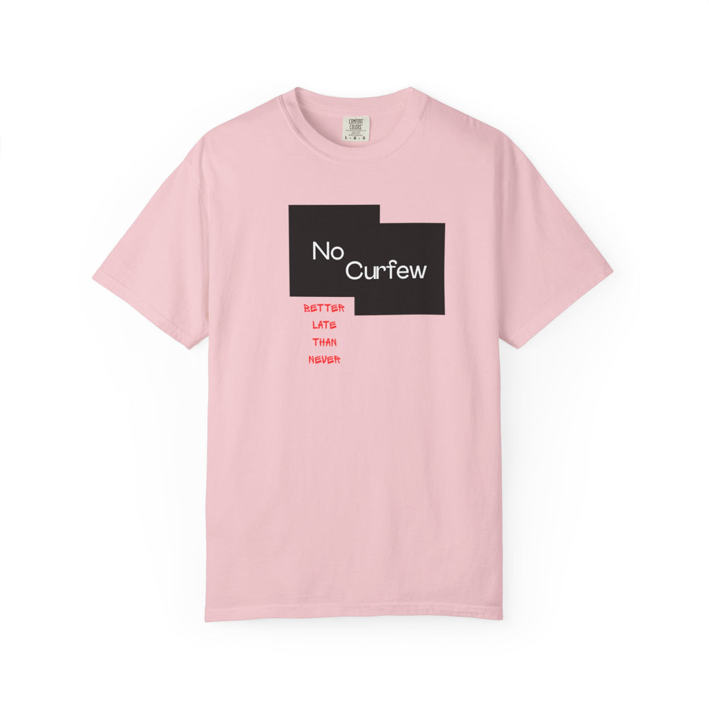No Curfew Unisex Garment-Dyed T-shirt | Ideal for Teens, Casual Wear, Gifts, Parties, Summer Events