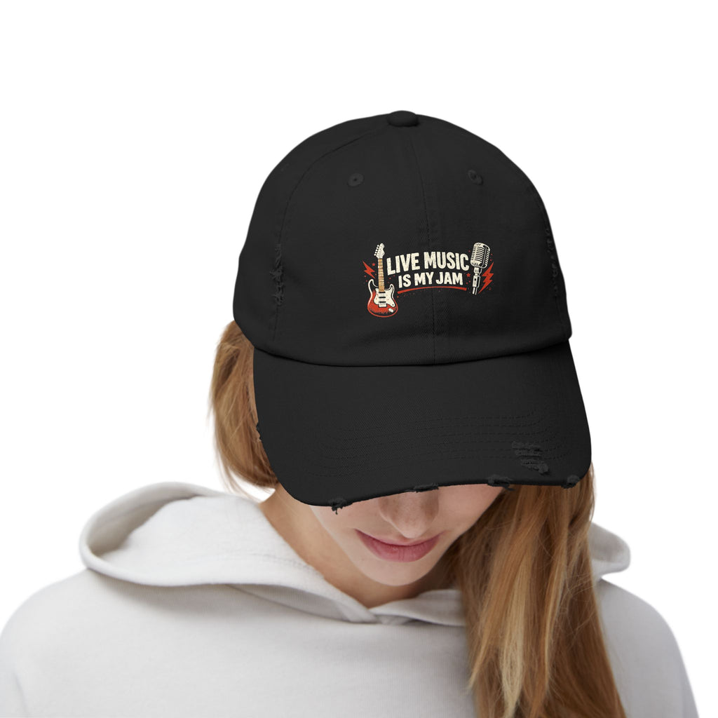 Live Music Is My Jam Distressed Cap — Guitar Fan Baseball Hat