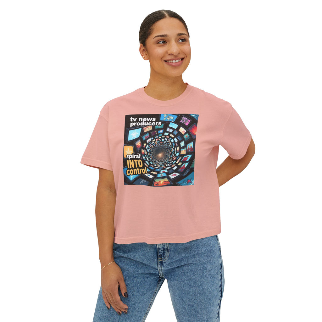 "TV News Producers Spiral INTO Control"... Women's Boxy Tee, Trendy Graphic Shirt, Casual Wear, Gift for TV Lovers, Summer Top, Artsy Tee