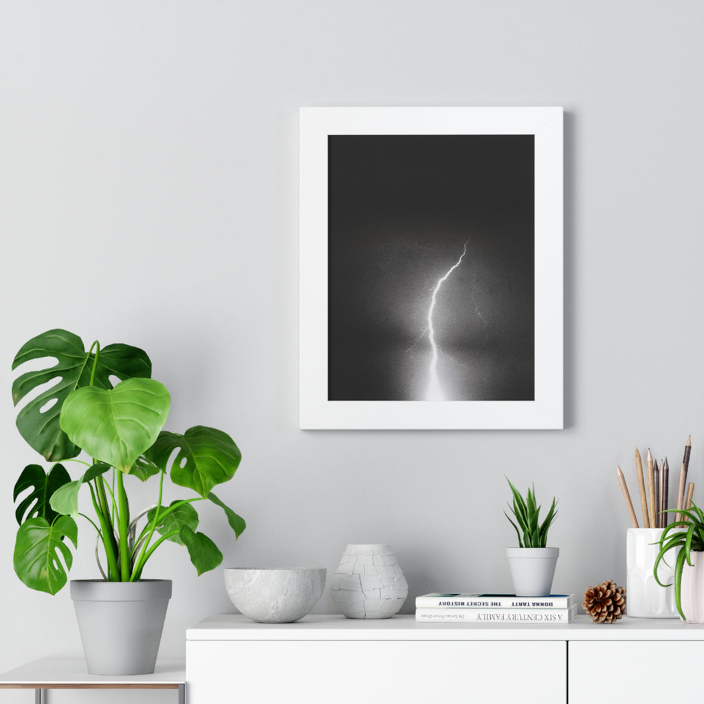 Lightning Strike Framed Poster — Moody Black & White Vertical Wall Art
