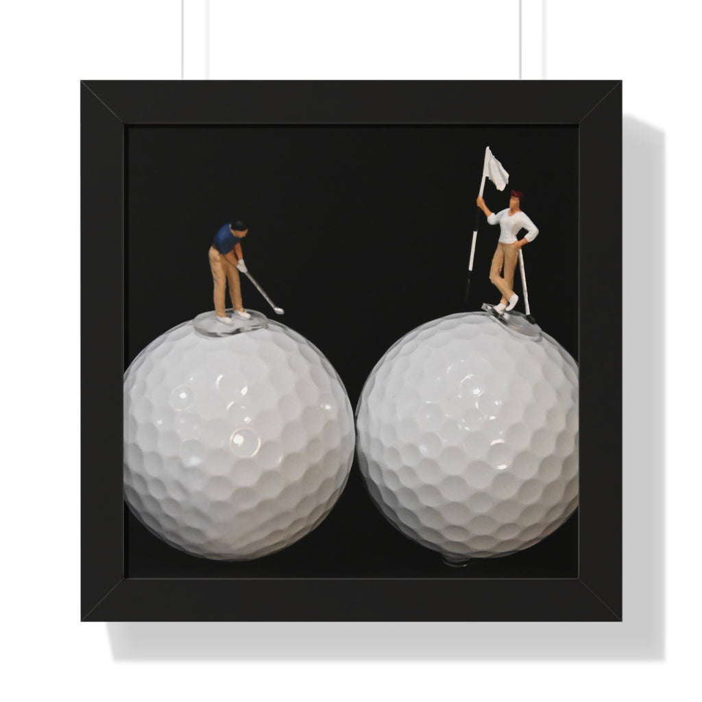 Framed Poster — Miniature Golfers on Golf Ball Landscape (Vertical)