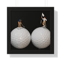 Framed Poster — Miniature Golfers on Golf Ball Landscape (Vertical)