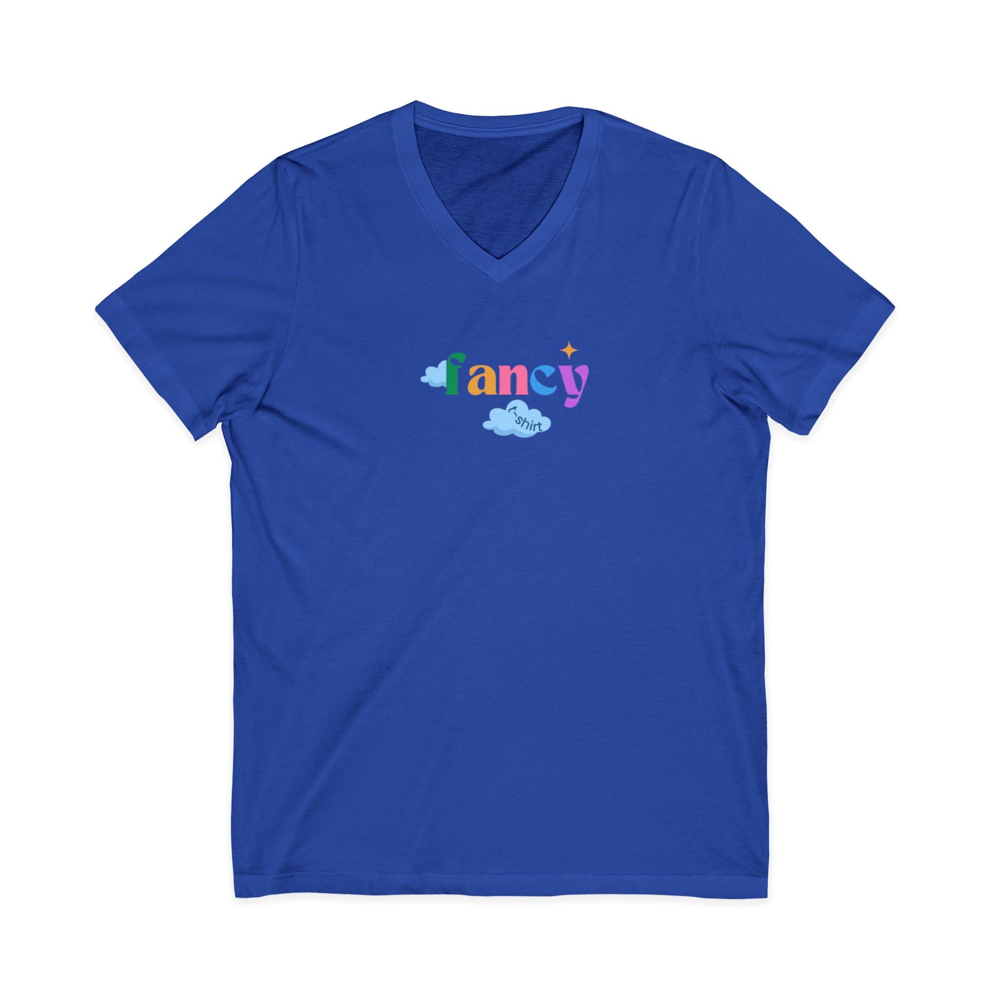 'Fancy" Colorful V-Neck Tee — 'Fancy' Front Script & Original Art Back