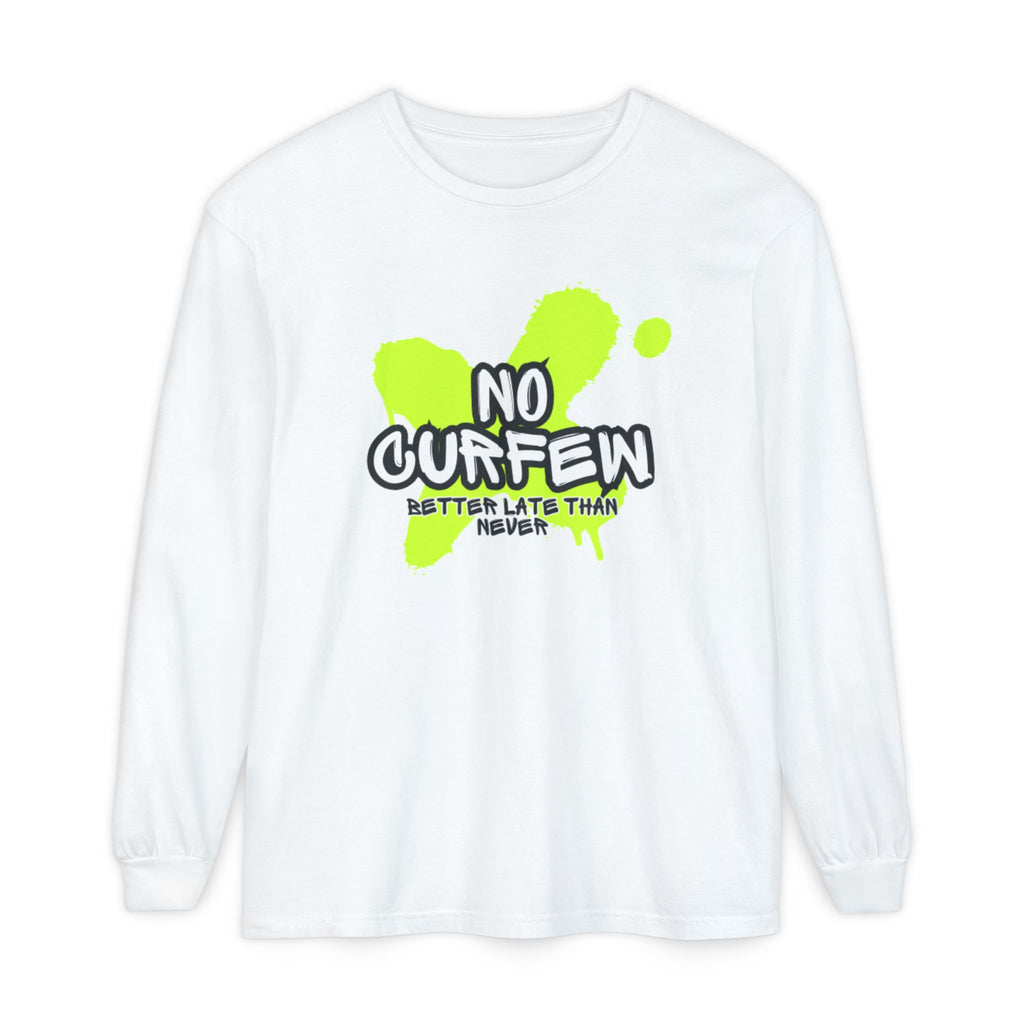 Unisex Long Sleeve Graphic Tee - Fun 'No Curfew' Design for Casual Wear, Gifts, Parties, Festivals, Youth Style