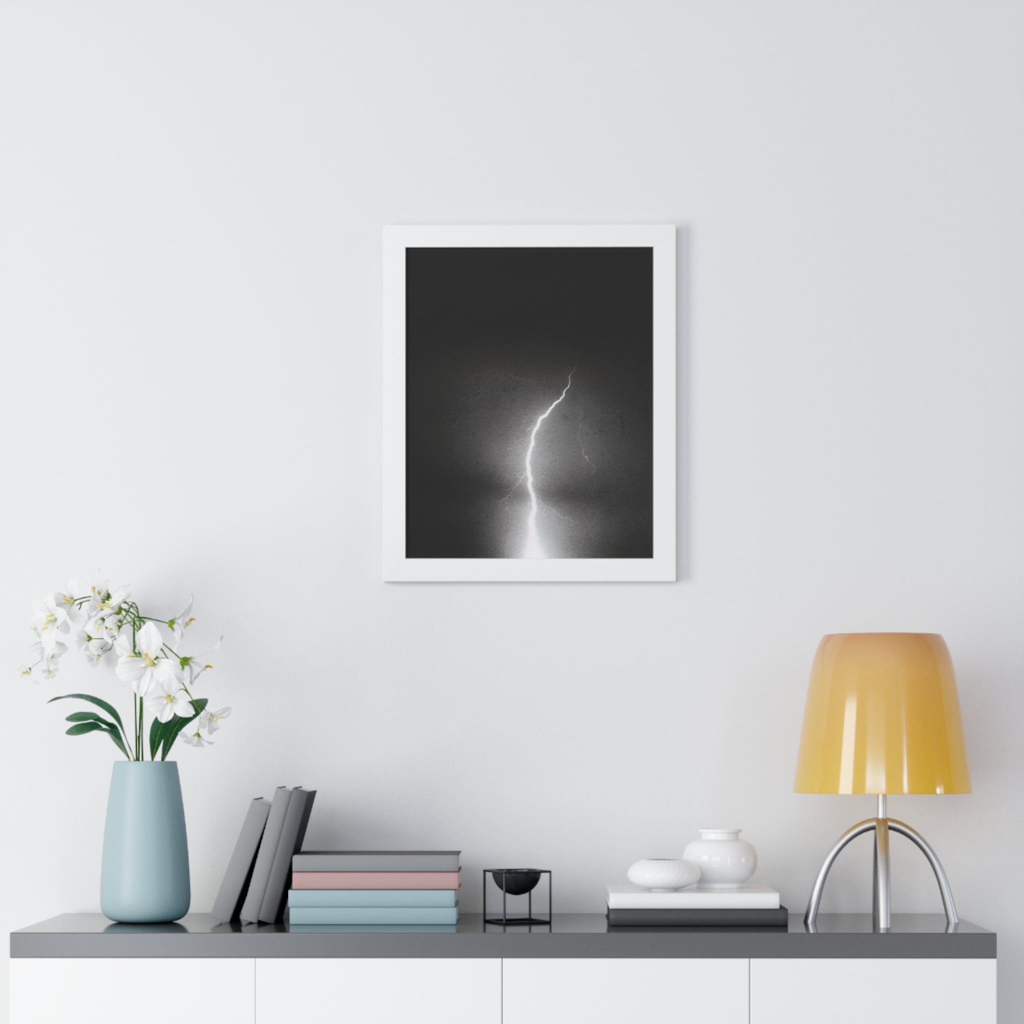 Lightning Strike Framed Poster — Moody Black & White Vertical Wall Art