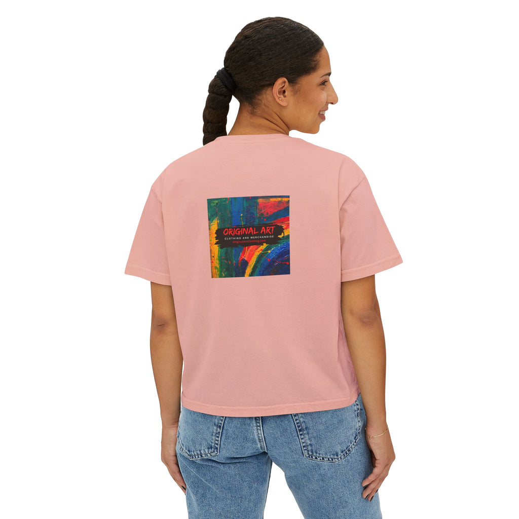 "TV News Producers Spiral INTO Control"... Women's Boxy Tee, Trendy Graphic Shirt, Casual Wear, Gift for TV Lovers, Summer Top, Artsy Tee