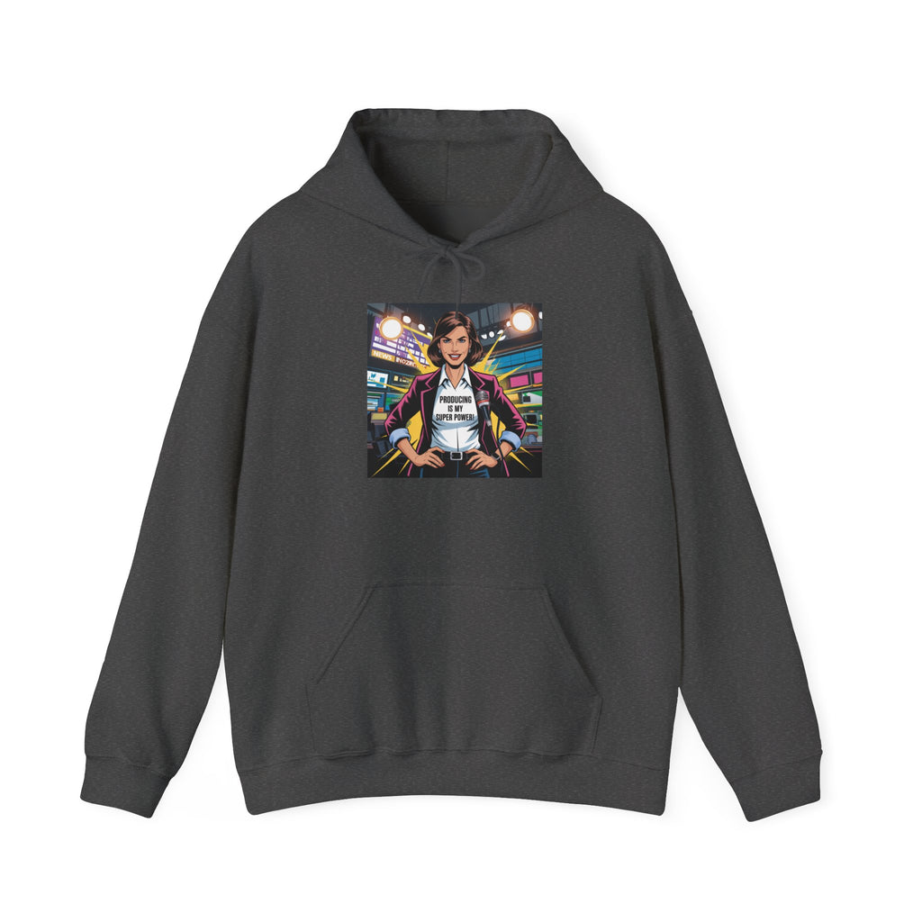 "Producing is My Super Power!" Retro Arcade Girl Graphic Hoodie — "Original Art" Back Print