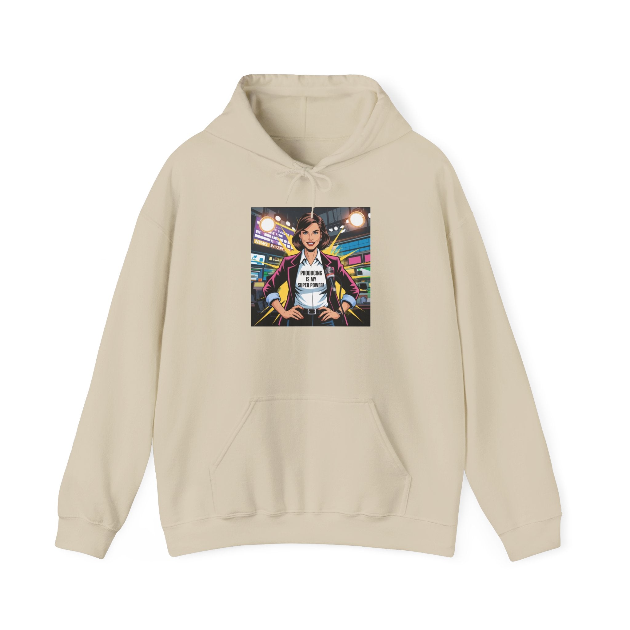 "Producing is My Super Power!" Retro Arcade Girl Graphic Hoodie — "Original Art" Back Print