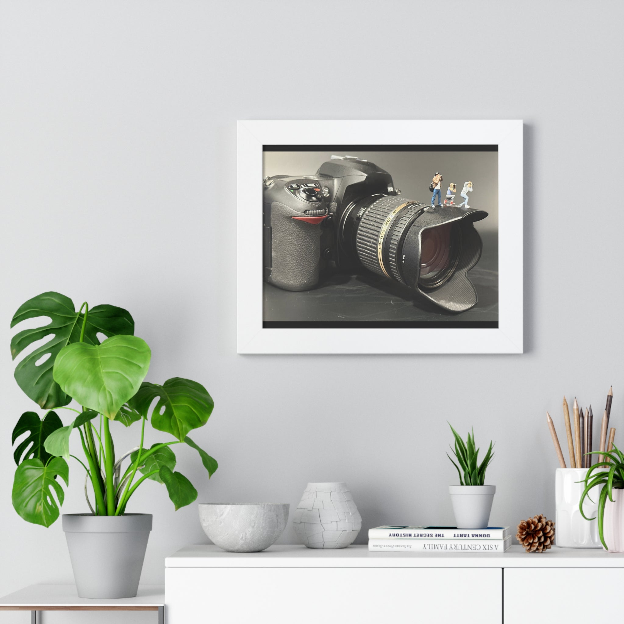 Framed Photo Art — Camera with Miniature Figures (Horizontal Poster)