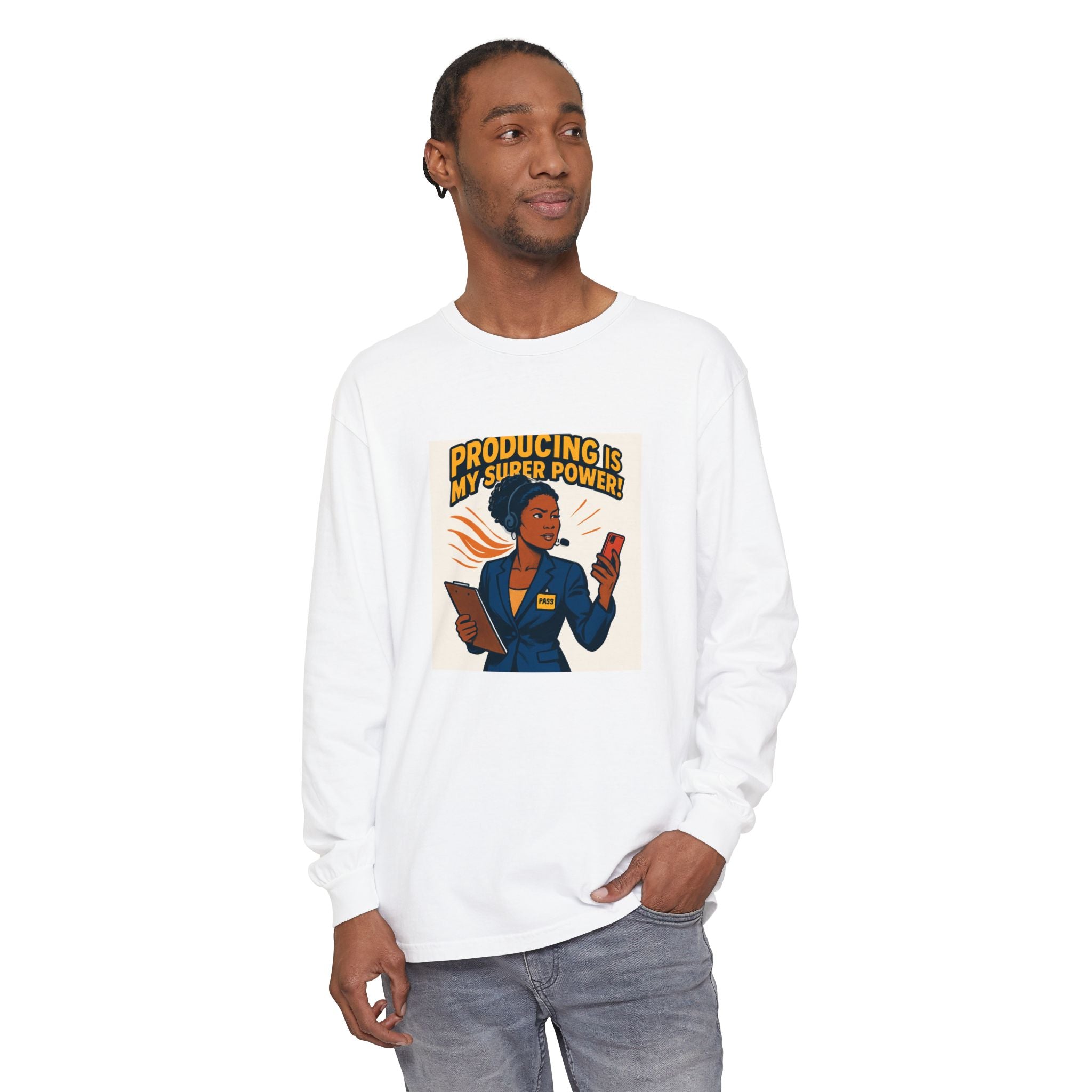 News Producer Power Long Sleeve Tee — "Producing Is My Superpower" Graphic