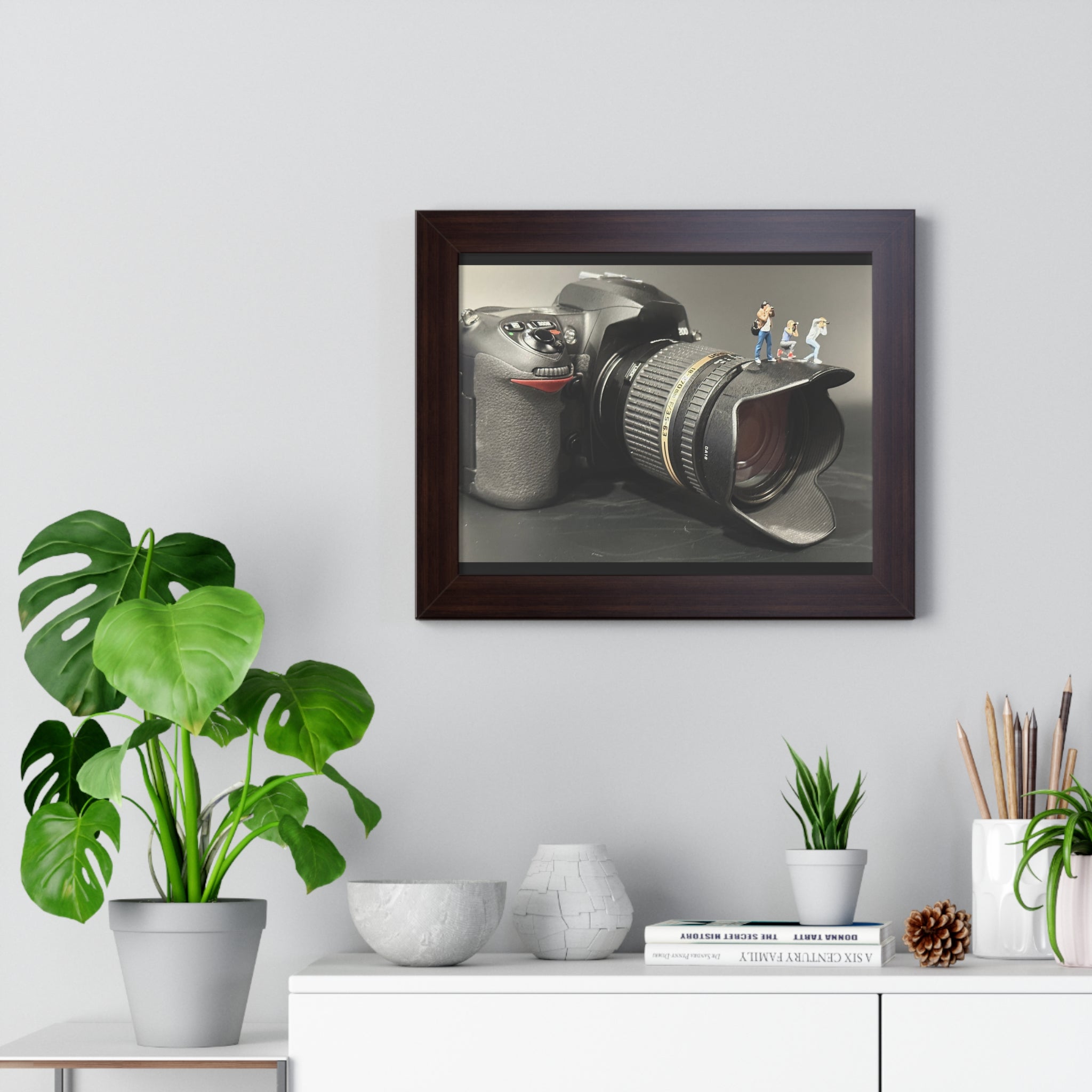 Framed Photo Art — Camera with Miniature Figures (Horizontal Poster)