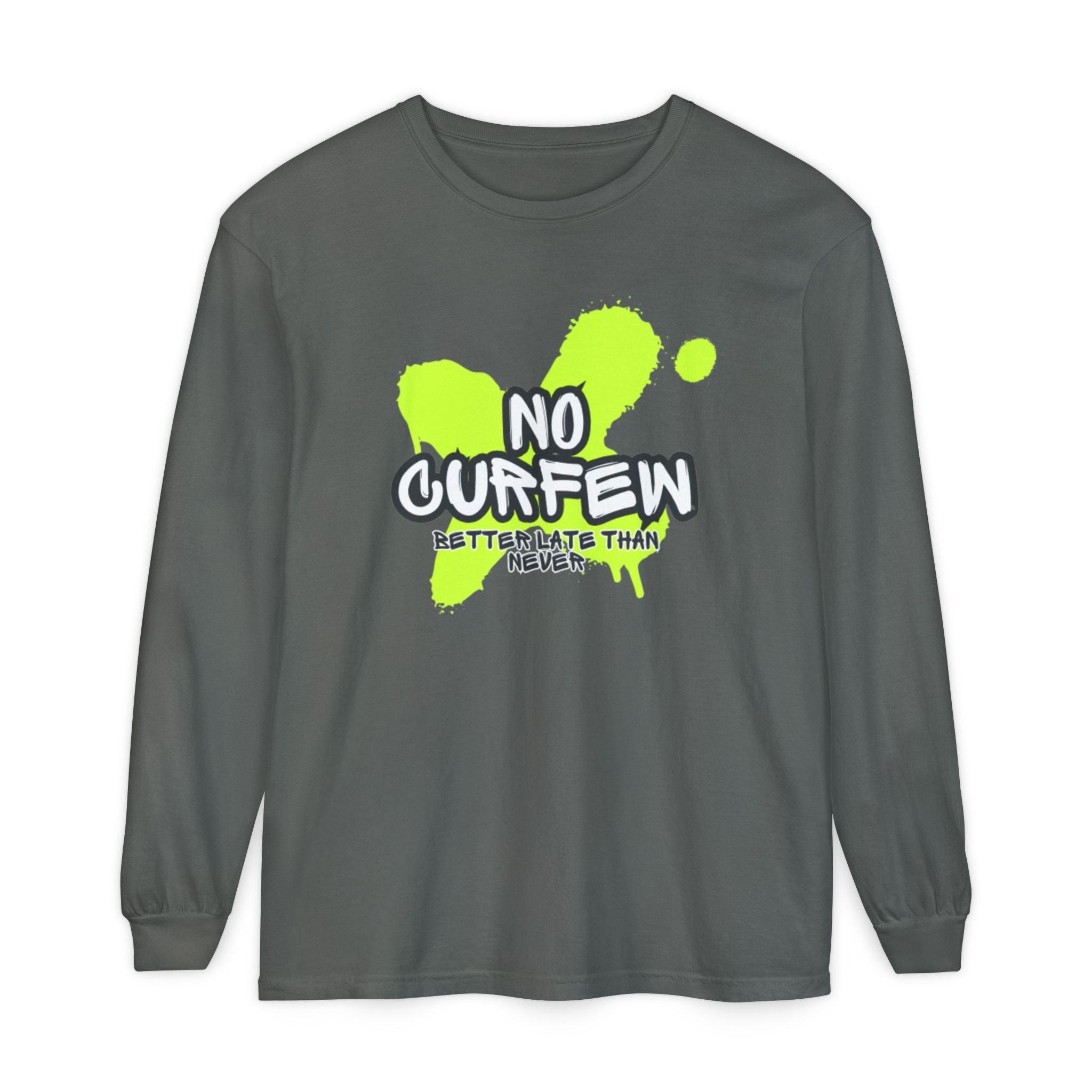 Unisex Long Sleeve Graphic Tee - Fun 'No Curfew' Design for Casual Wear, Gifts, Parties, Festivals, Youth Style