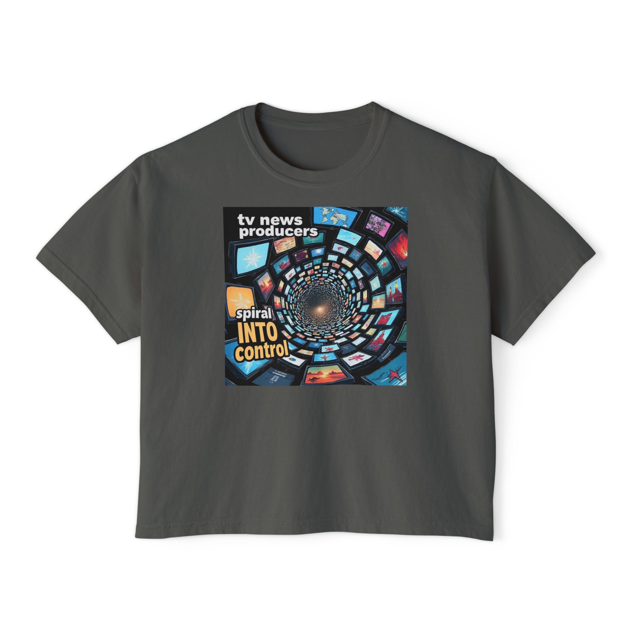 "TV News Producers Spiral INTO Control"... Women's Boxy Tee, Trendy Graphic Shirt, Casual Wear, Gift for TV Lovers, Summer Top, Artsy Tee