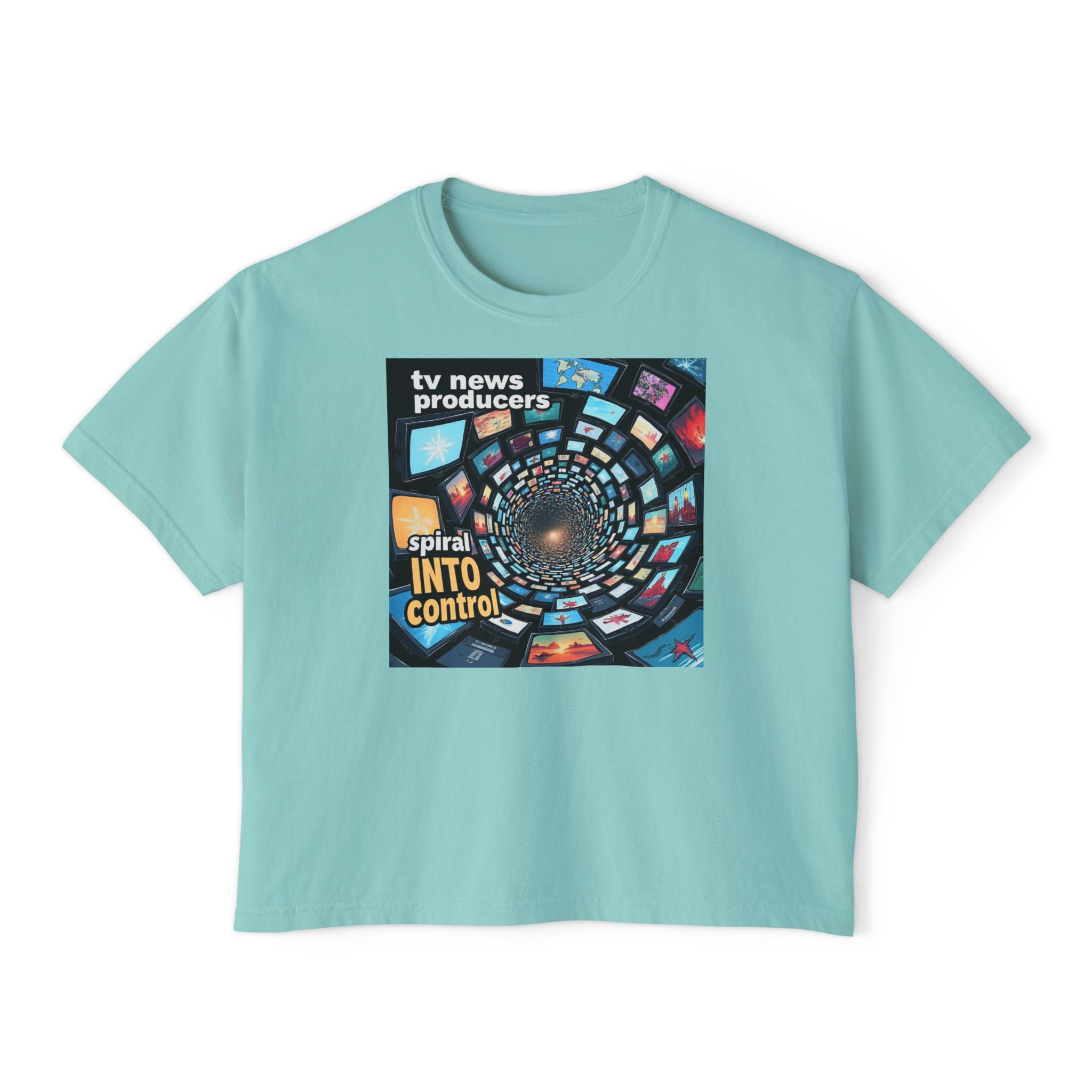 "TV News Producers Spiral INTO Control"... Women's Boxy Tee, Trendy Graphic Shirt, Casual Wear, Gift for TV Lovers, Summer Top, Artsy Tee