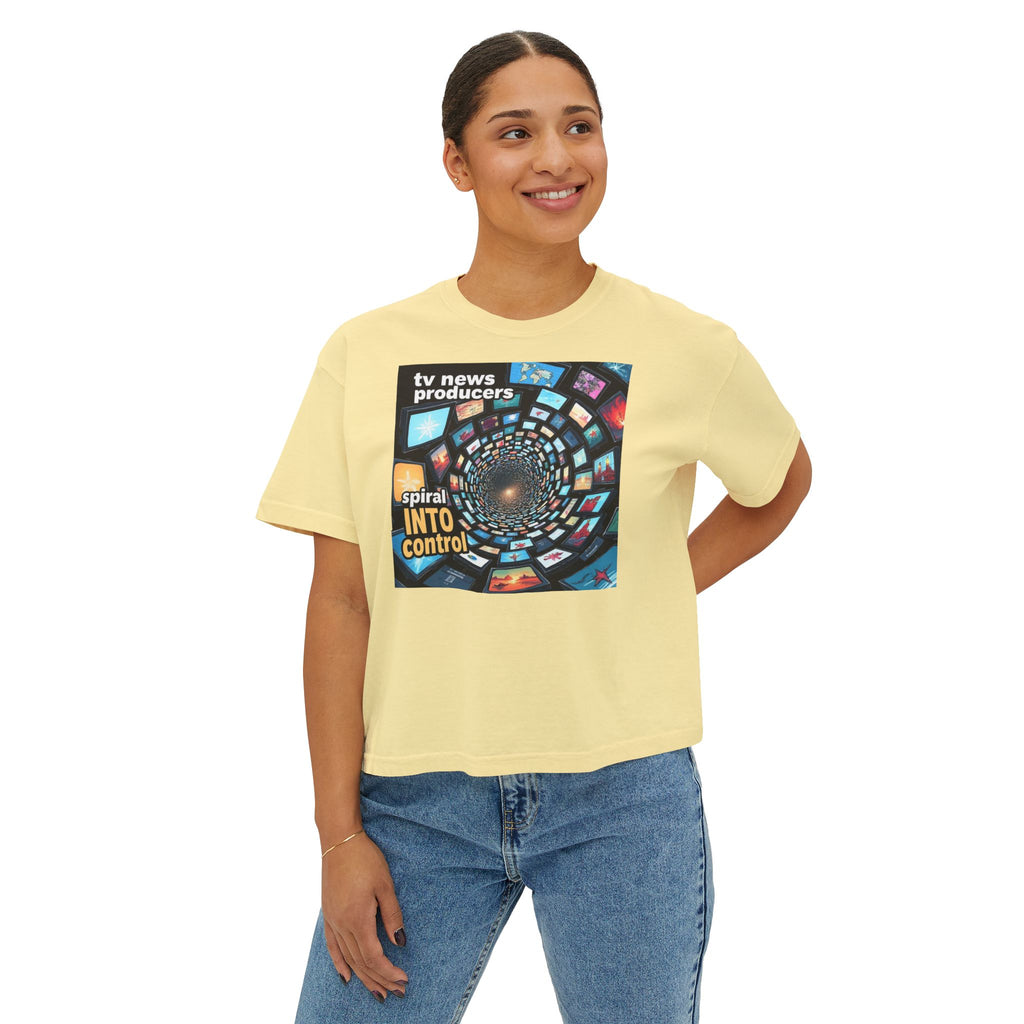 "TV News Producers Spiral INTO Control"... Women's Boxy Tee, Trendy Graphic Shirt, Casual Wear, Gift for TV Lovers, Summer Top, Artsy Tee