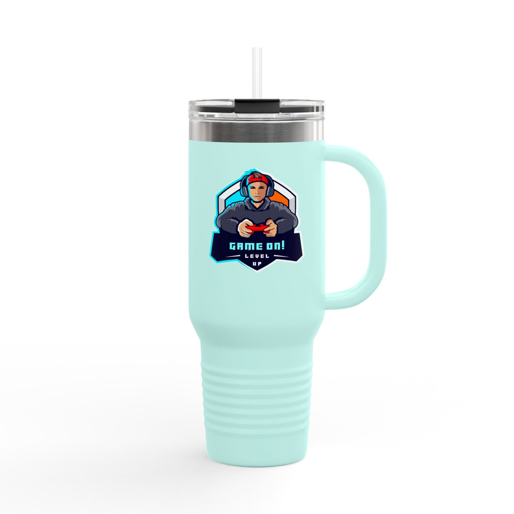 40oz Insulated Travel Mug — Gamer "Game On" Graphic, Thermal Tumbler for Gamers & Streamers