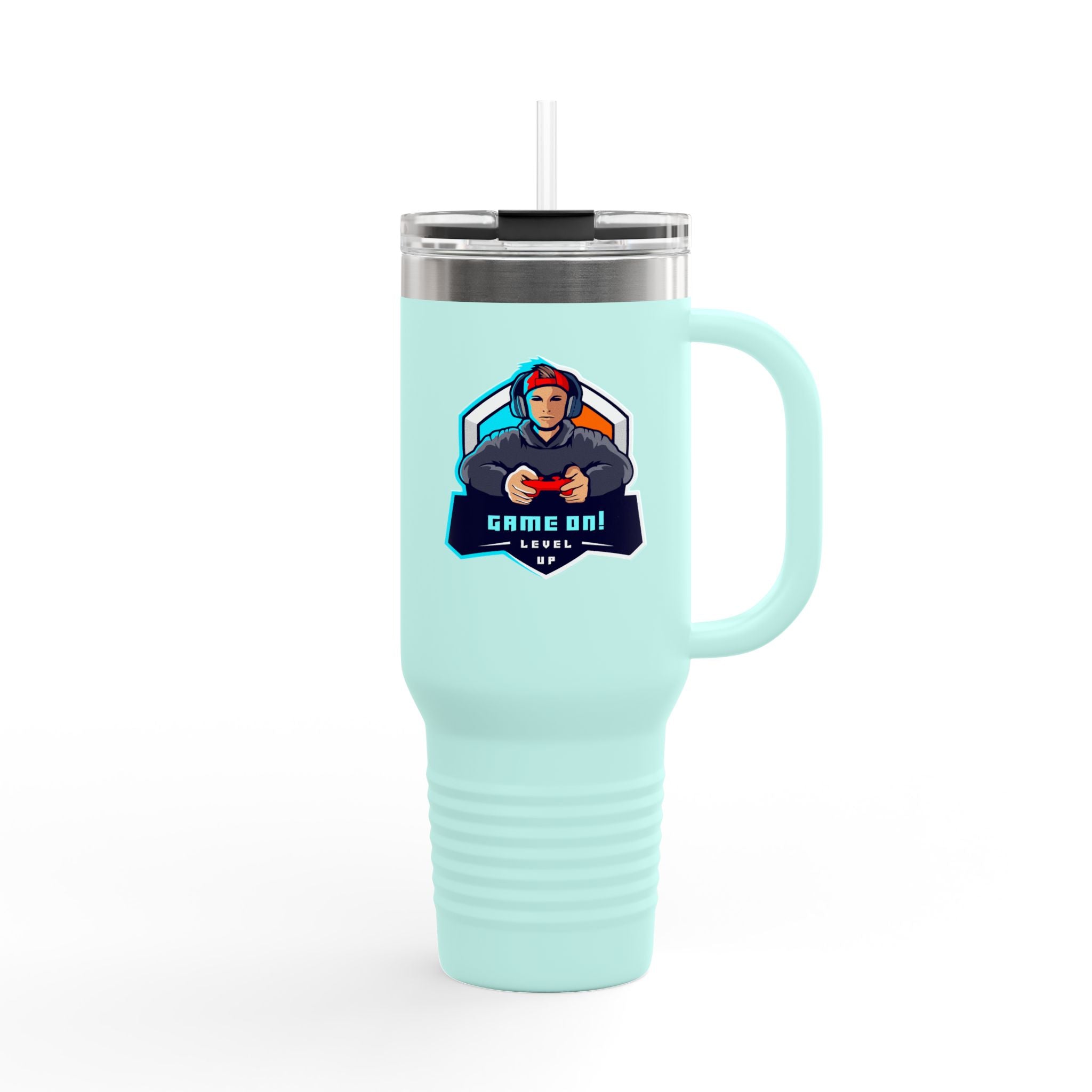 40oz Insulated Travel Mug — Gamer "Game On" Graphic, Thermal Tumbler for Gamers & Streamers