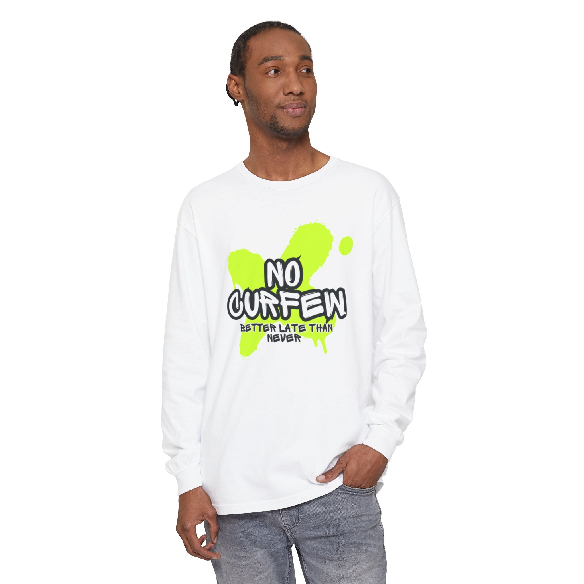 Unisex Long Sleeve Graphic Tee - Fun 'No Curfew' Design for Casual Wear, Gifts, Parties, Festivals, Youth Style