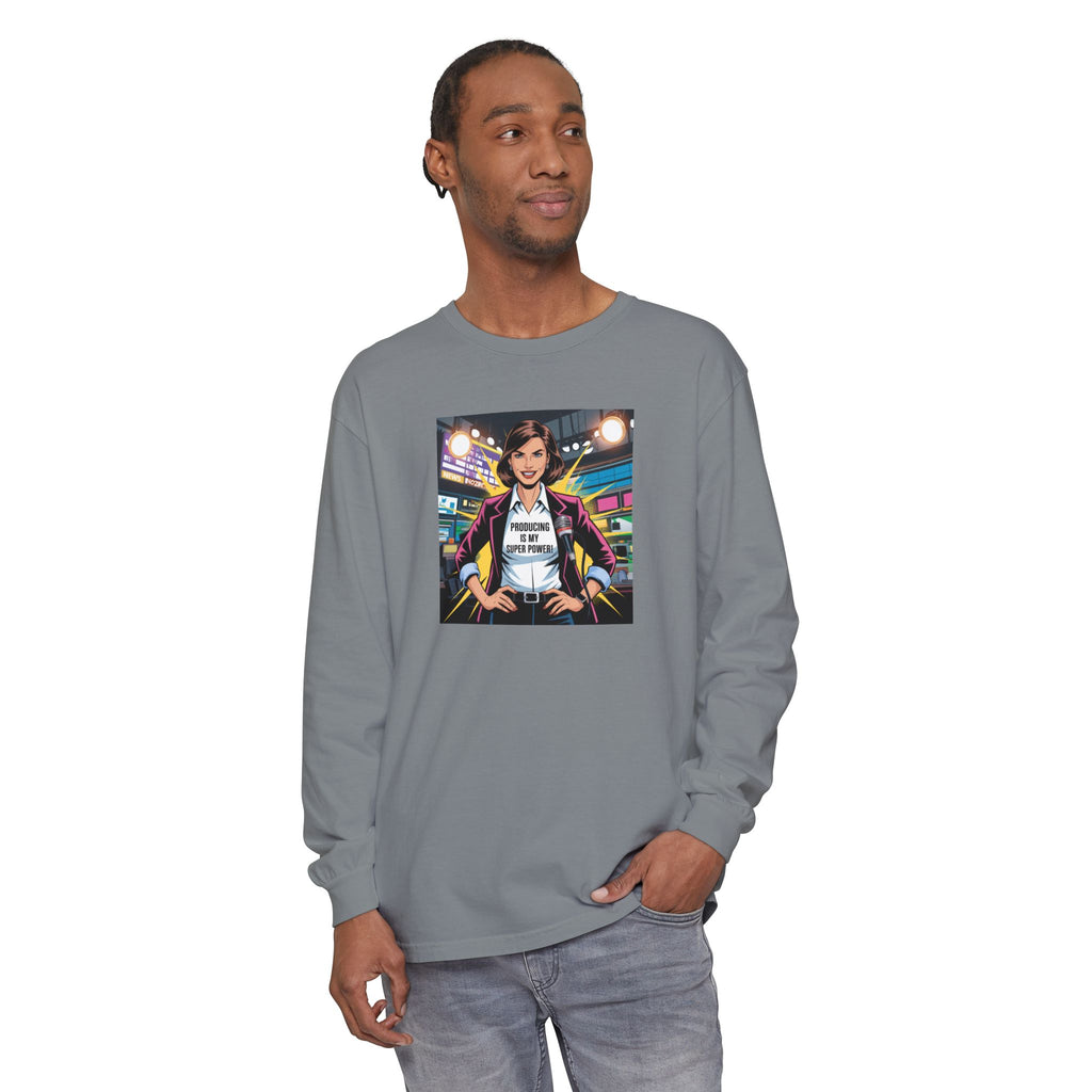 Producing is my super power! Long Sleeve T‑Shirt — Retro Comic Book Girl Graphic (Original Art)