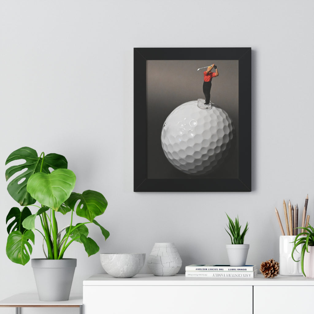 Golf Swing Framed Poster — Miniature Golfer on Giant Golf Ball (Vertical)