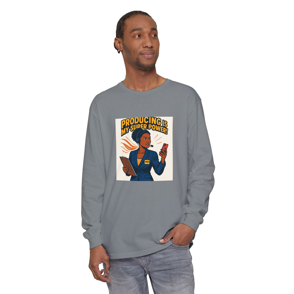 News Producer Power Long Sleeve Tee — "Producing Is My Superpower" Graphic
